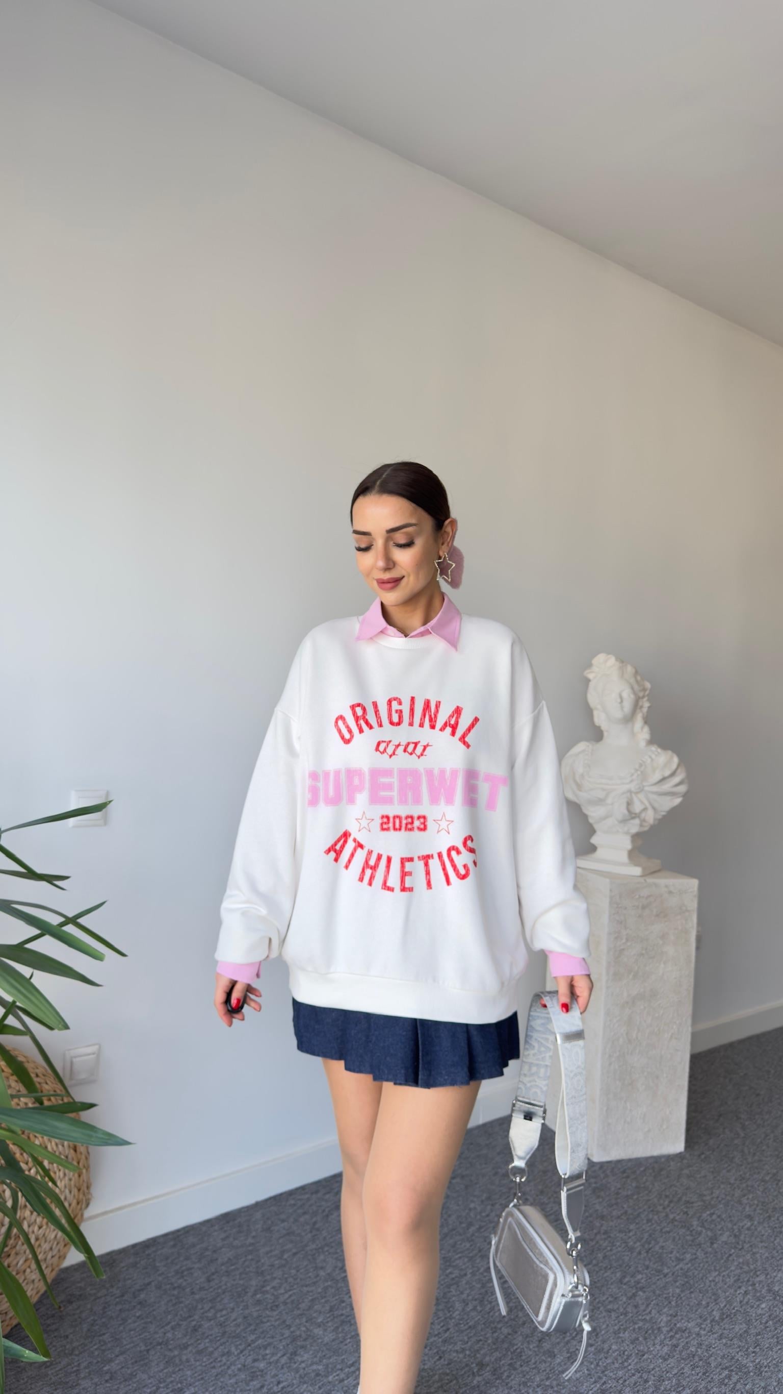 Pembe Superwet Baskı Sweatshirt