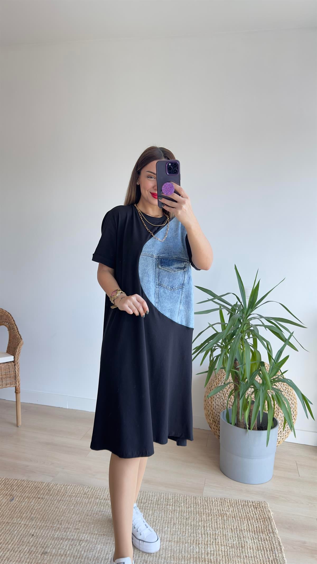 Kot Detaylı Siyah Basic Elbise 