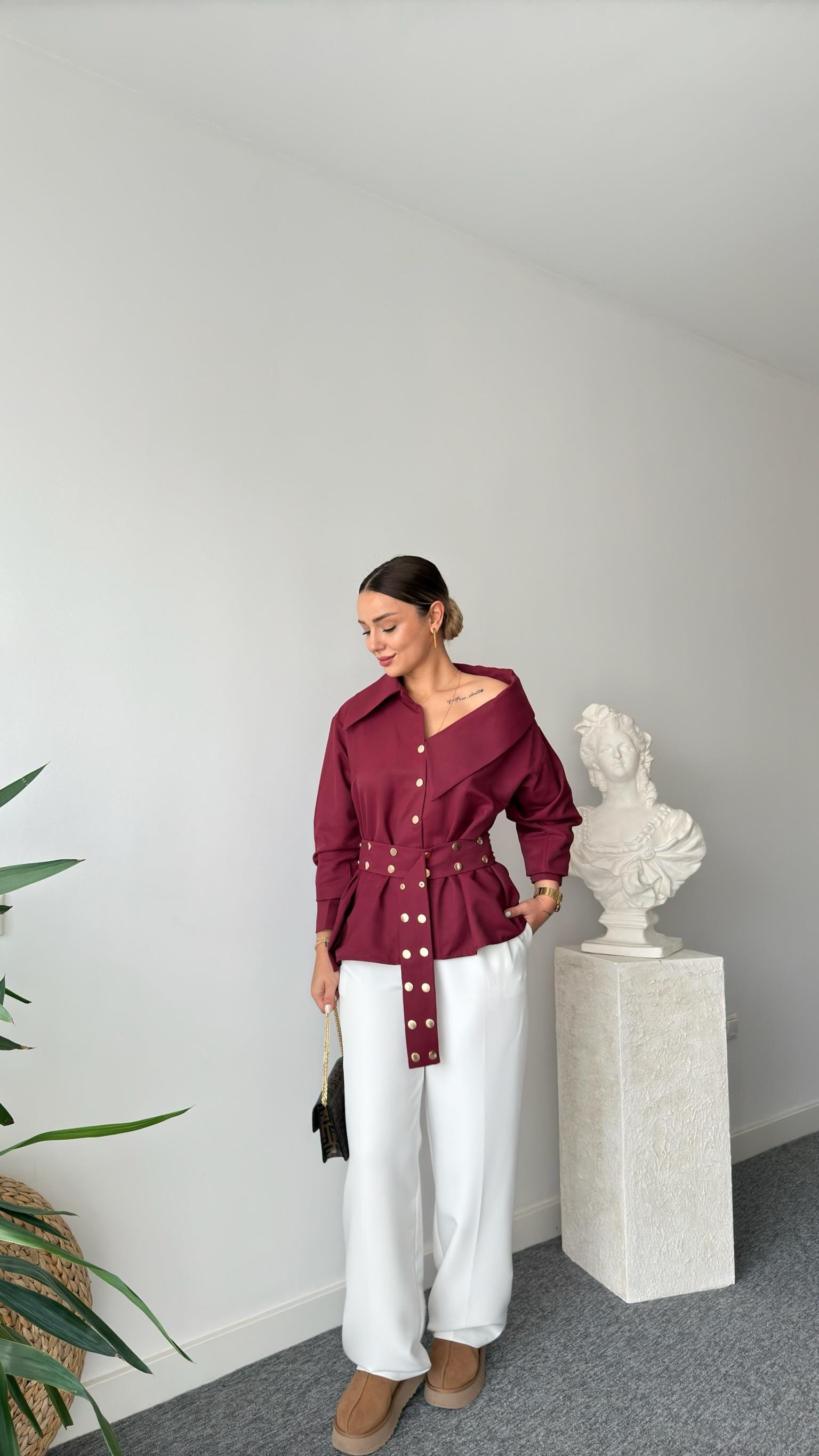 Dianes Marka Model Kemerli Tasarım Bordo Gömlek 