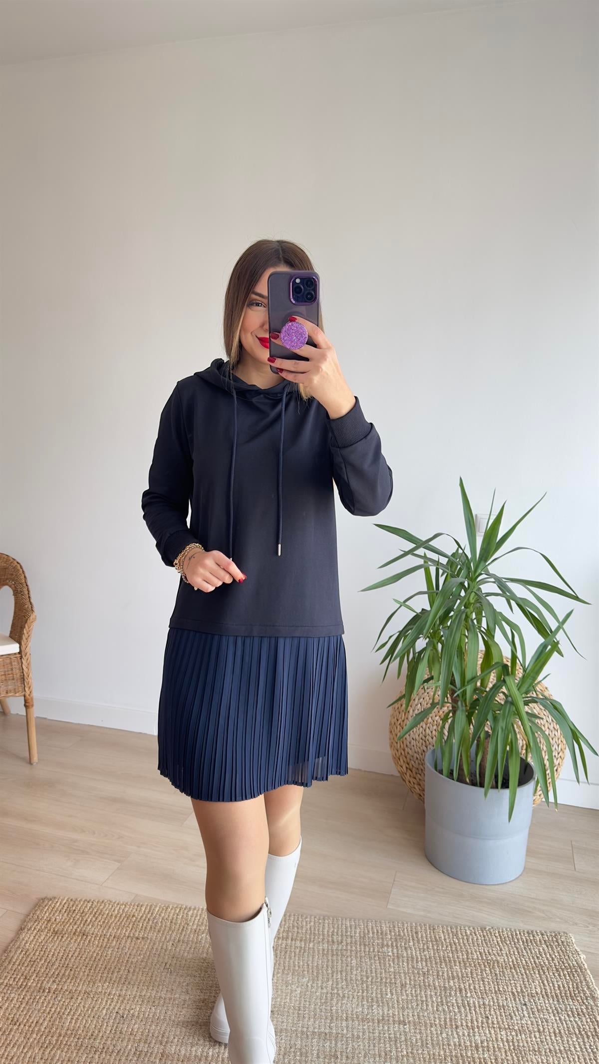 Kapüşonlu Lacivert Sweat Elbise 