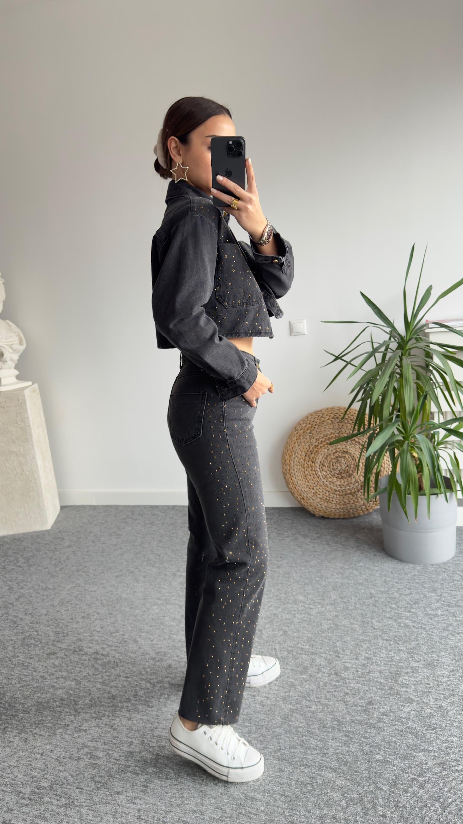 Zra Model Taşlı Antrasit Jean Takım