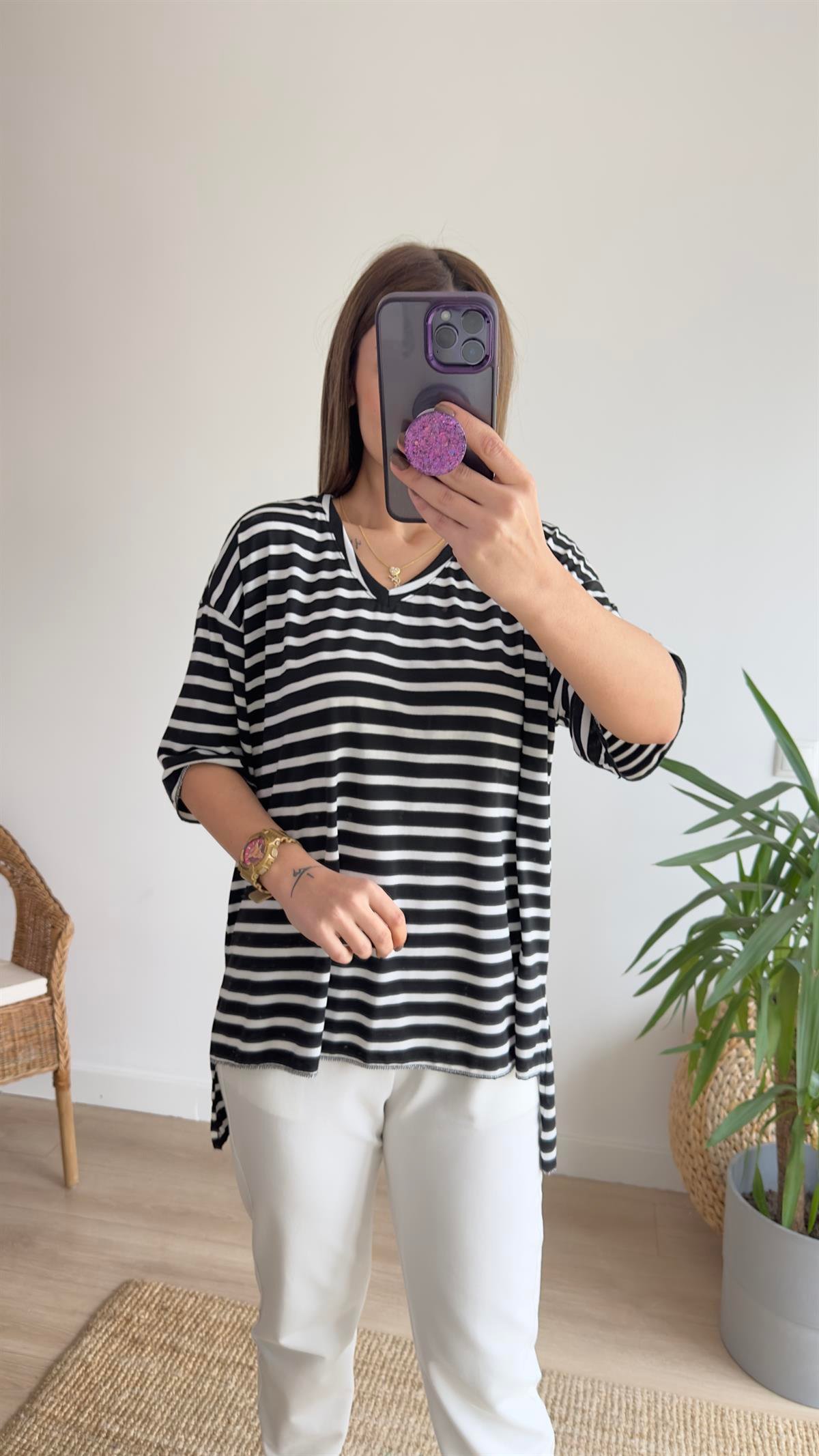 Boho Çizgili Siyah V Yaka Tshirt