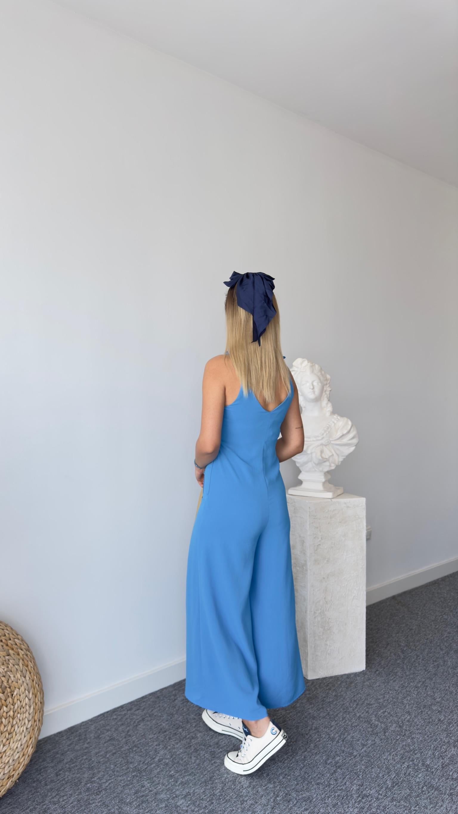 Orj Model Kapak Detaylı Mavi Askılı Tulum