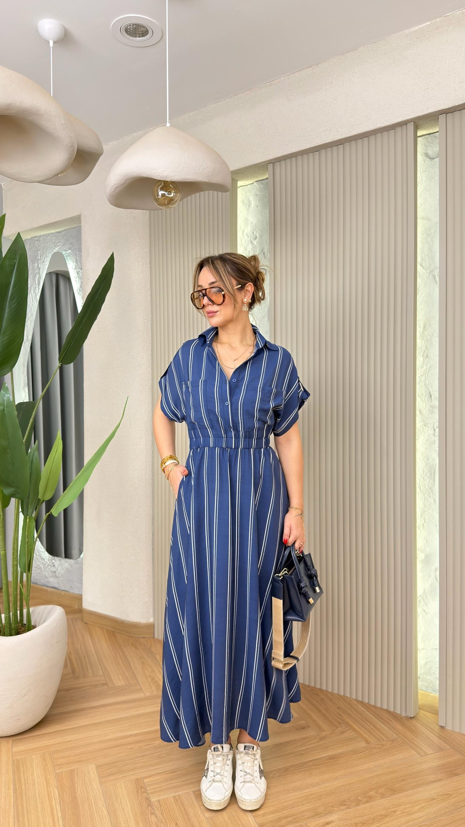 Varela Çizgili Gömlek Yaka Lacivert Elbise