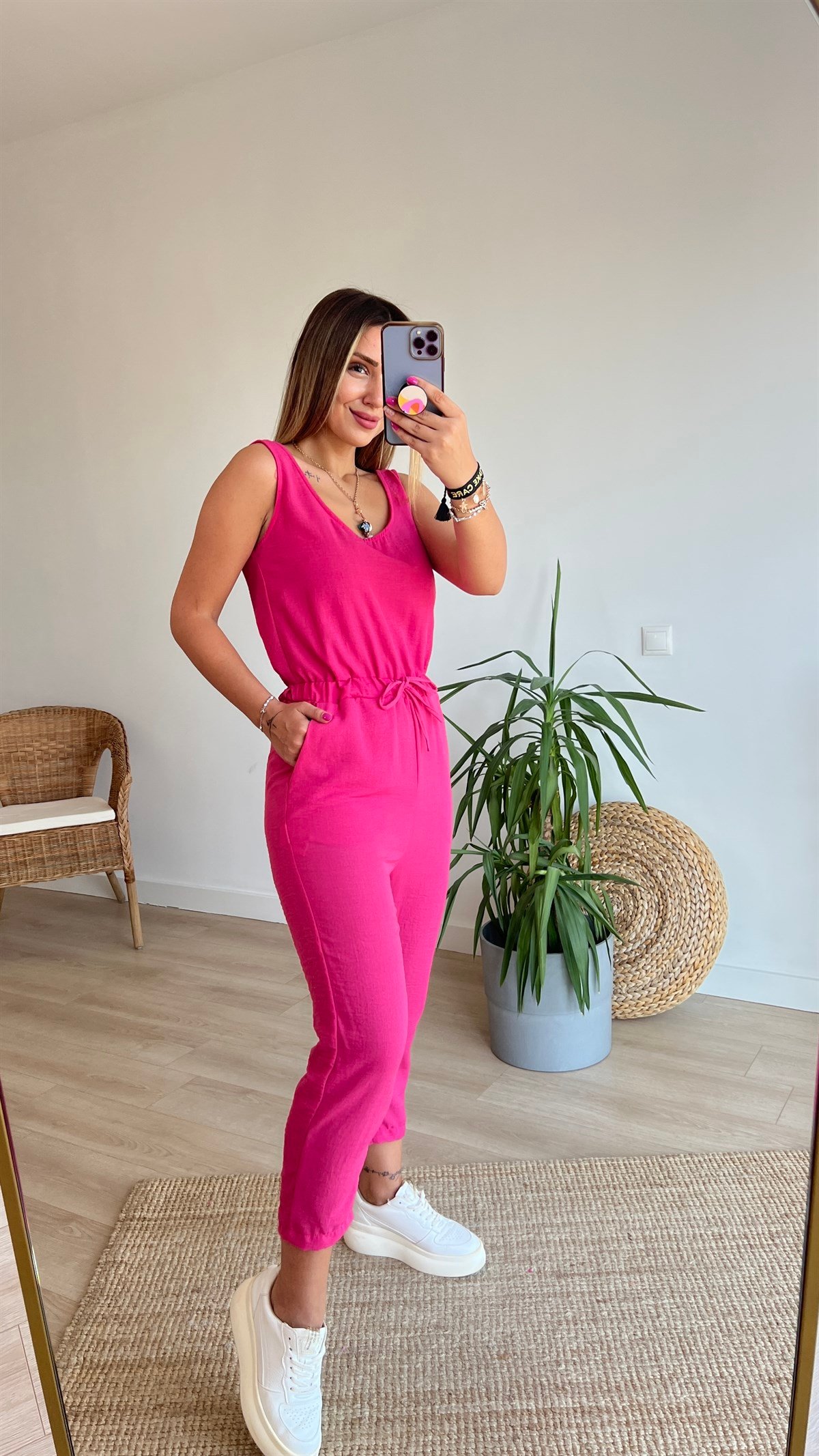 Beli Lastikli Pembe Kolsuz Tulum