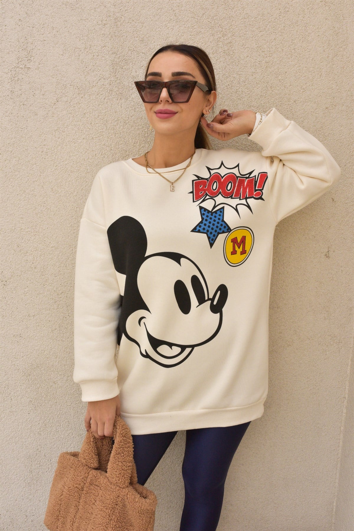 Mickey Baskı Şardonlu Ekru Sweat