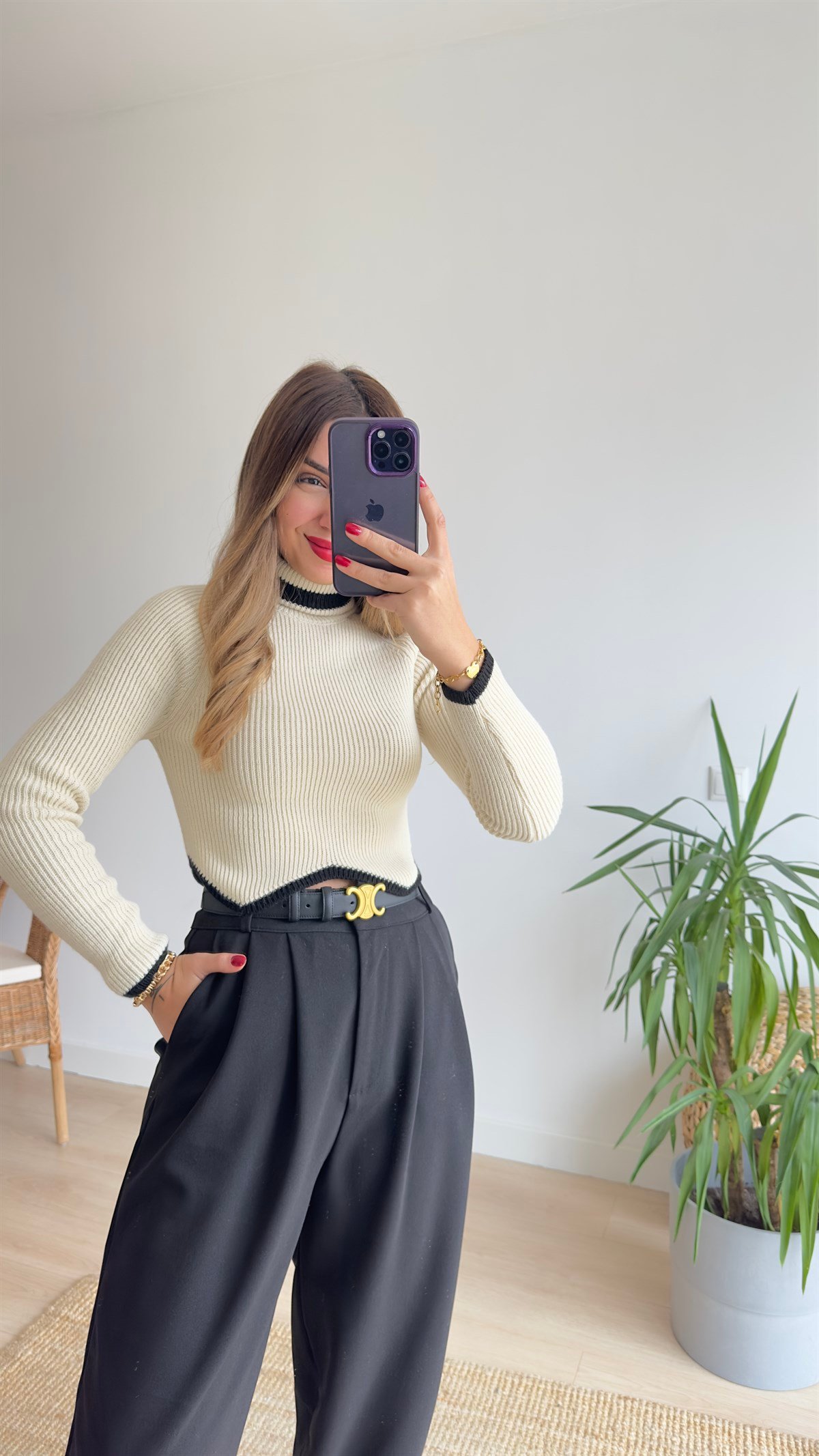 Zigzag Desen Ekru Triko