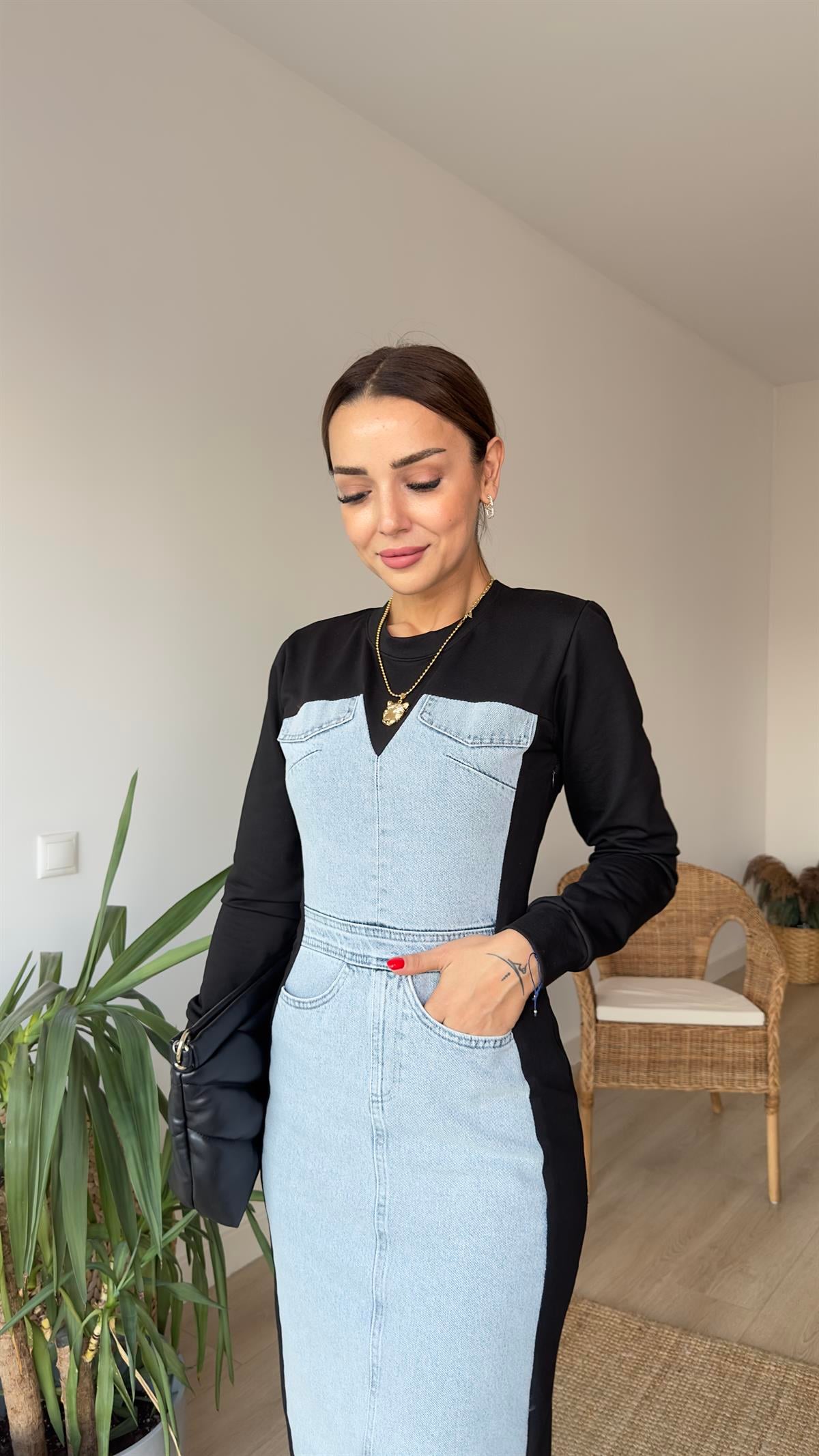 Orj Model Uzun Kol Kot Detay Tasarım Elbise