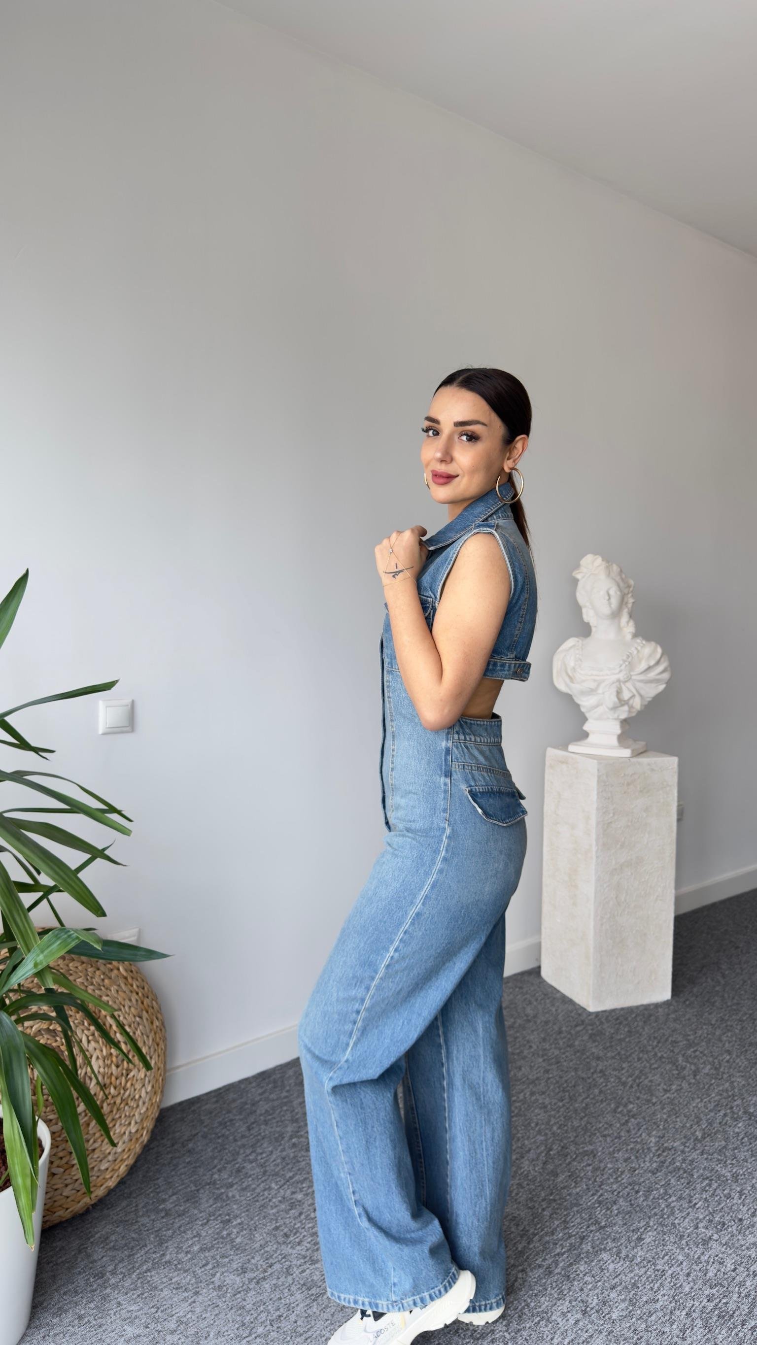 Sırt Dekolte Düğmeli Jean Tulum