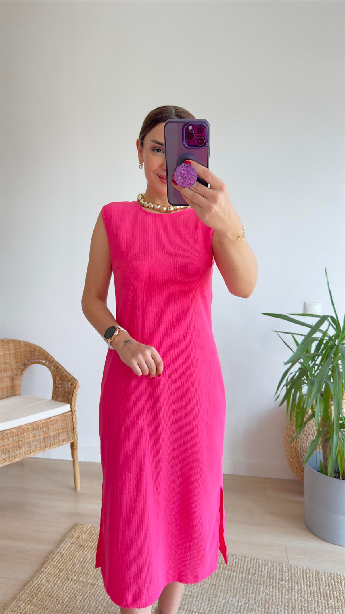 Yırtmaçlı Pembe Basic Elbise
