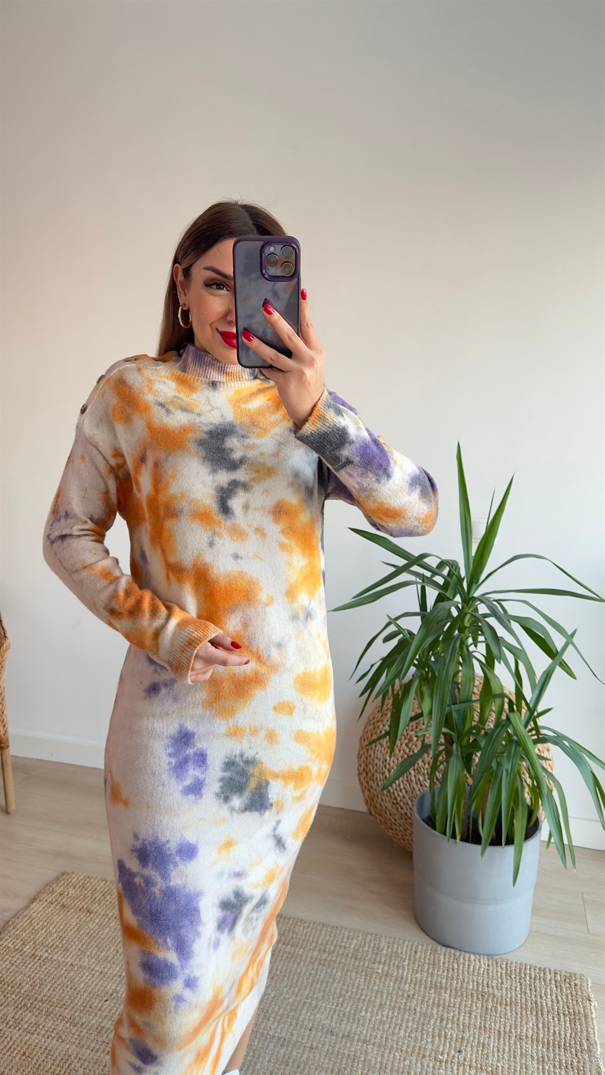 Yaka Düğmeli Batik Desen Elbise 