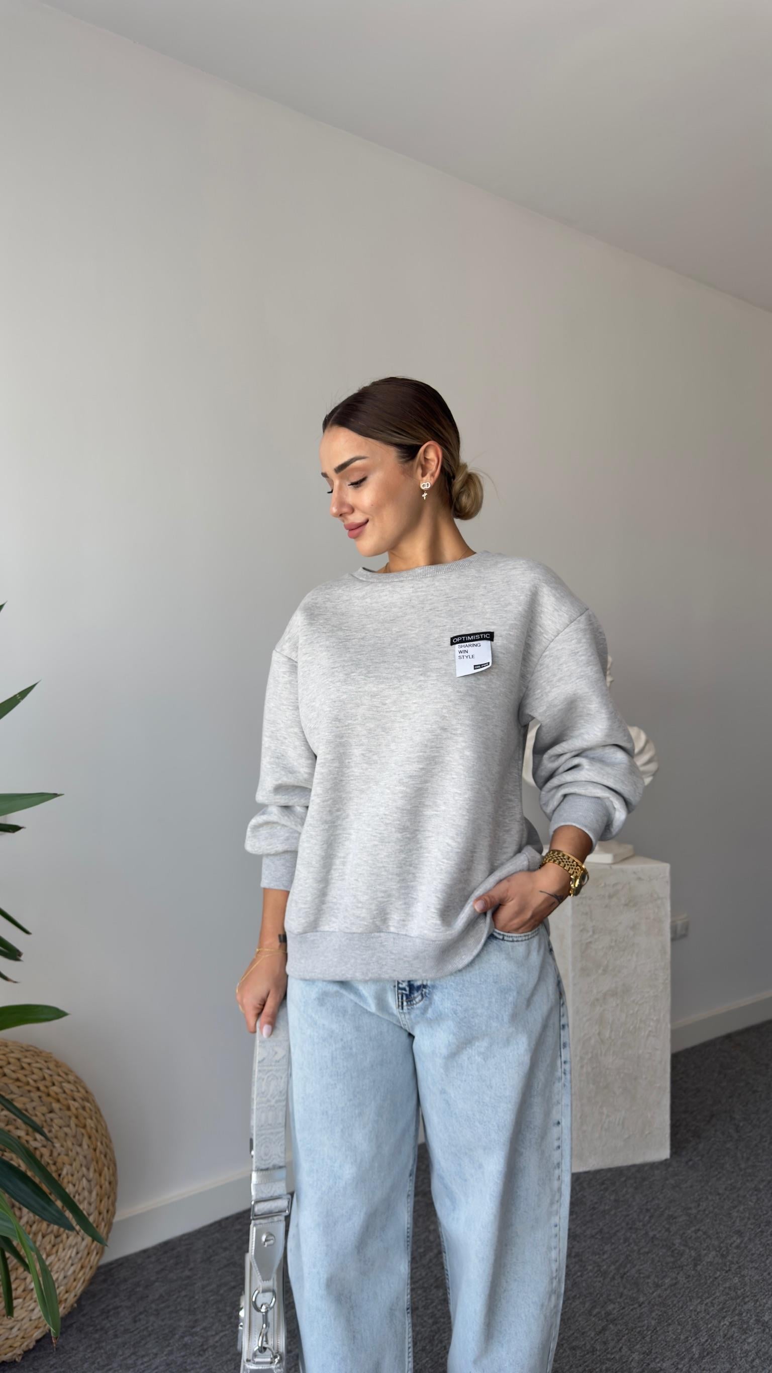 Berlin Fermuar Ve Yazı Detaylı Gri Sweatshirt