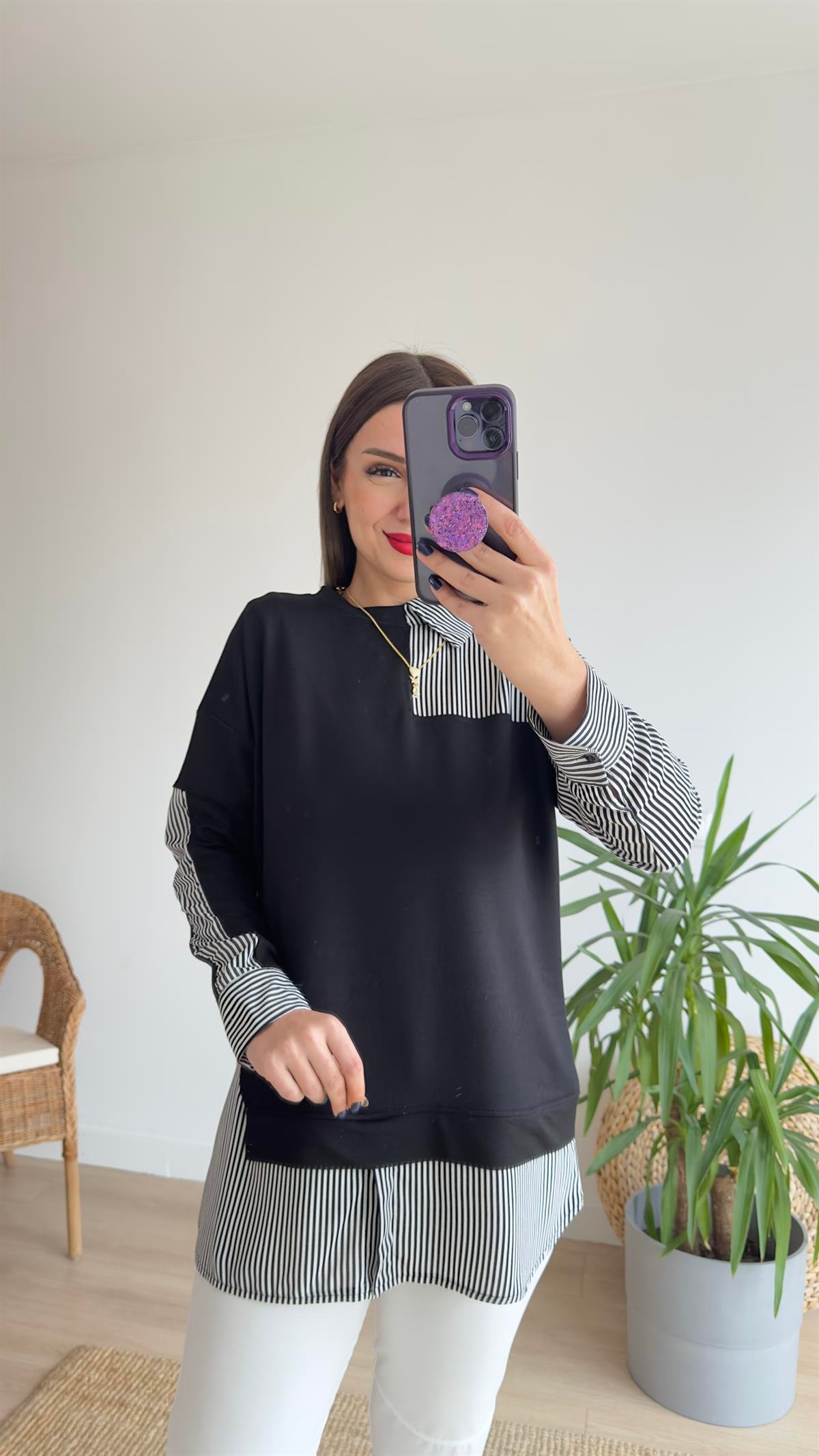 Gömlek Garnili Siyah Sweat