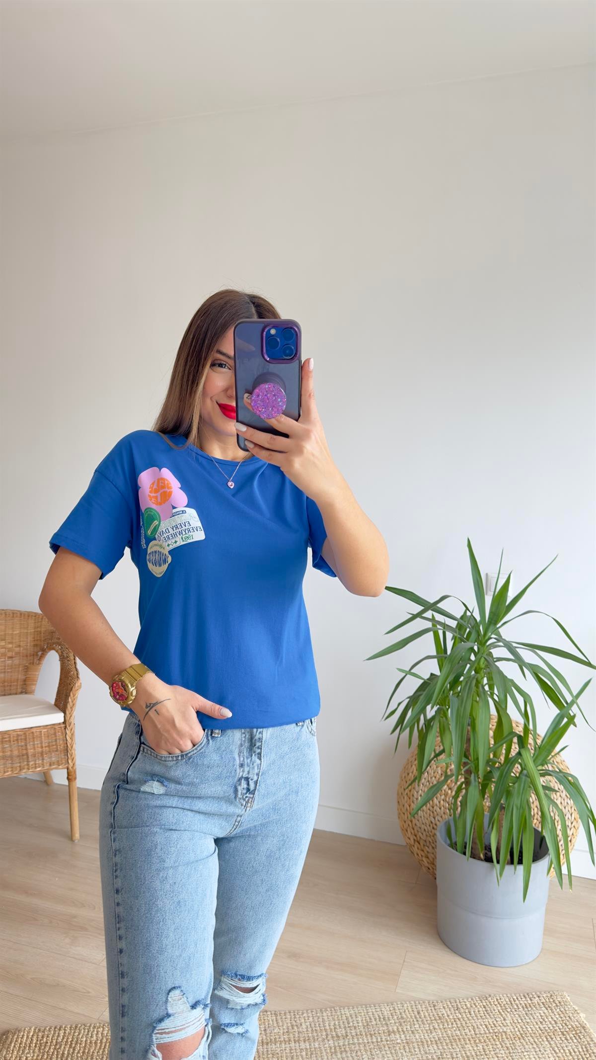Ön Arka Baskı Detaylı Mavi Tshirt