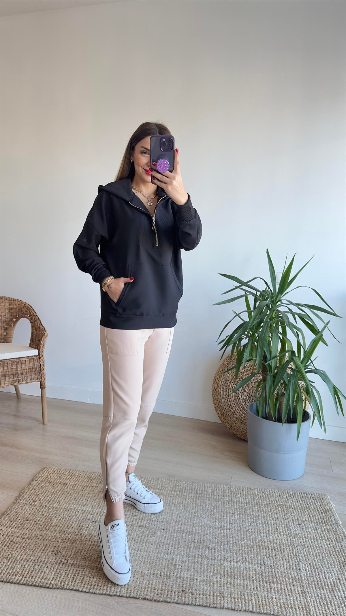Yarım Fermuarlı Siyah Sweat