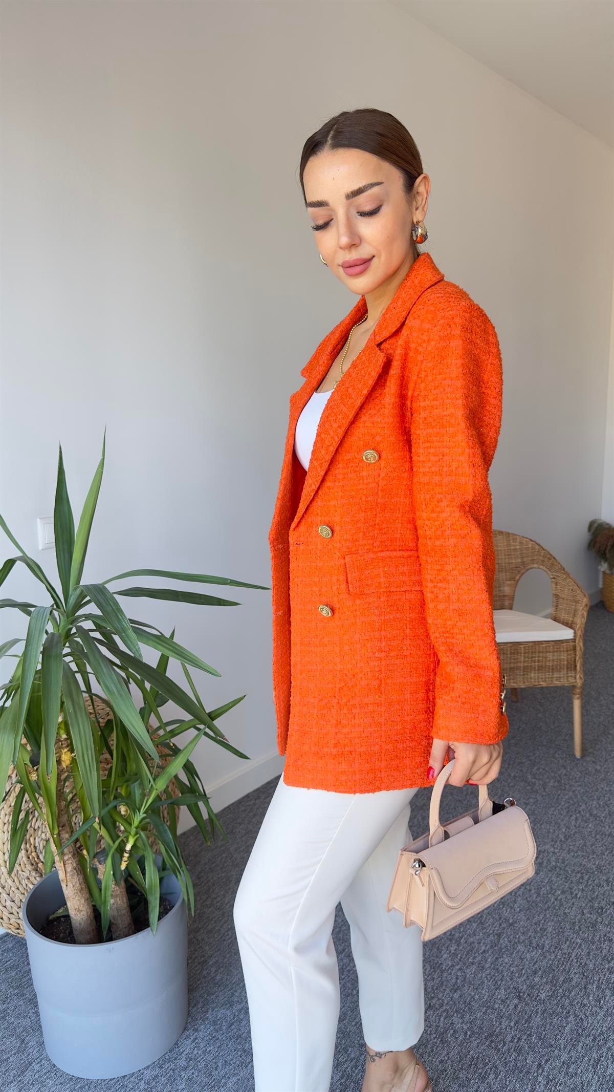 Gold Düğme Turuncu Tüvit Blazer Ceket