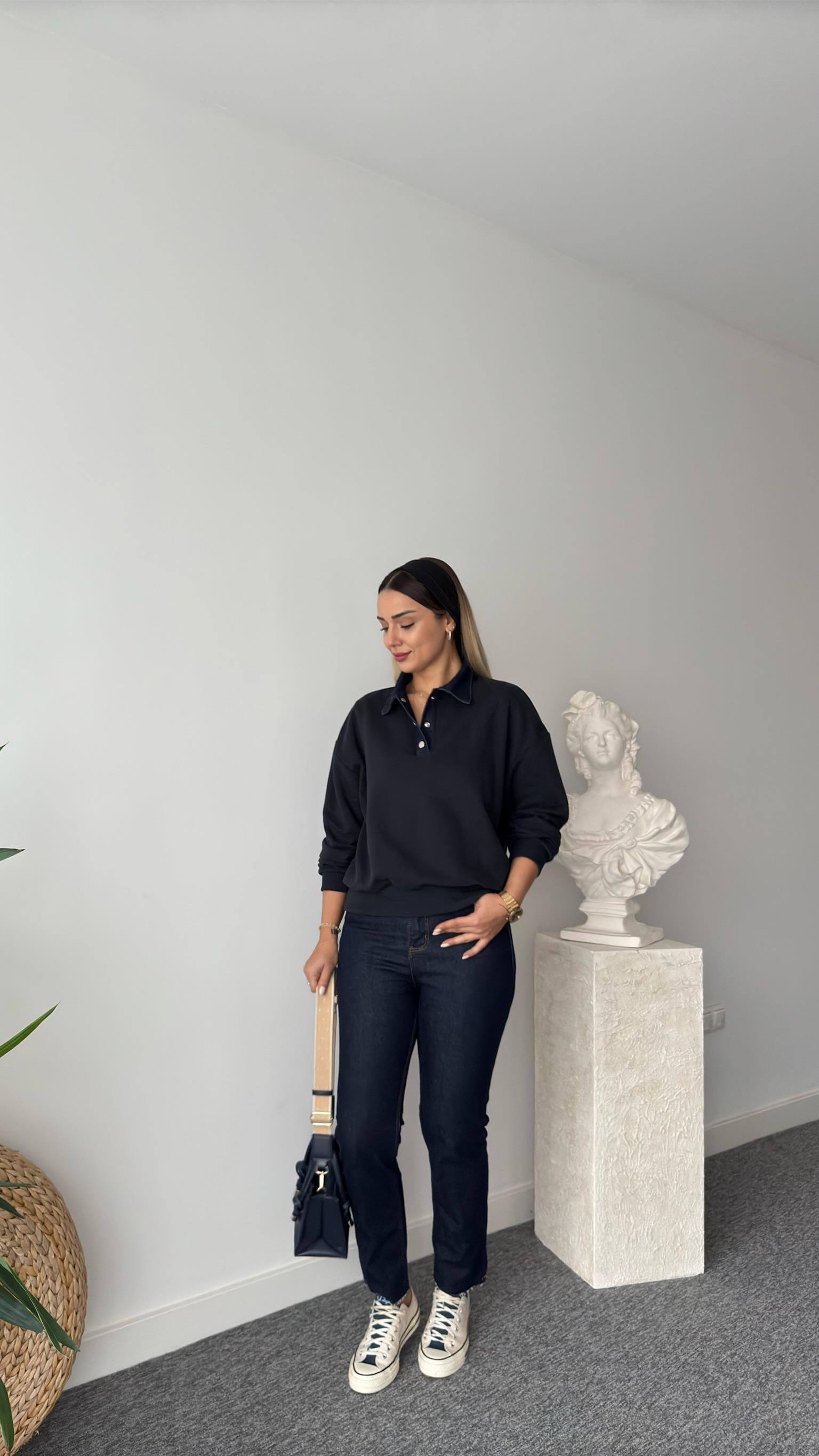Denim Yaka Lacivert Sweatshirt