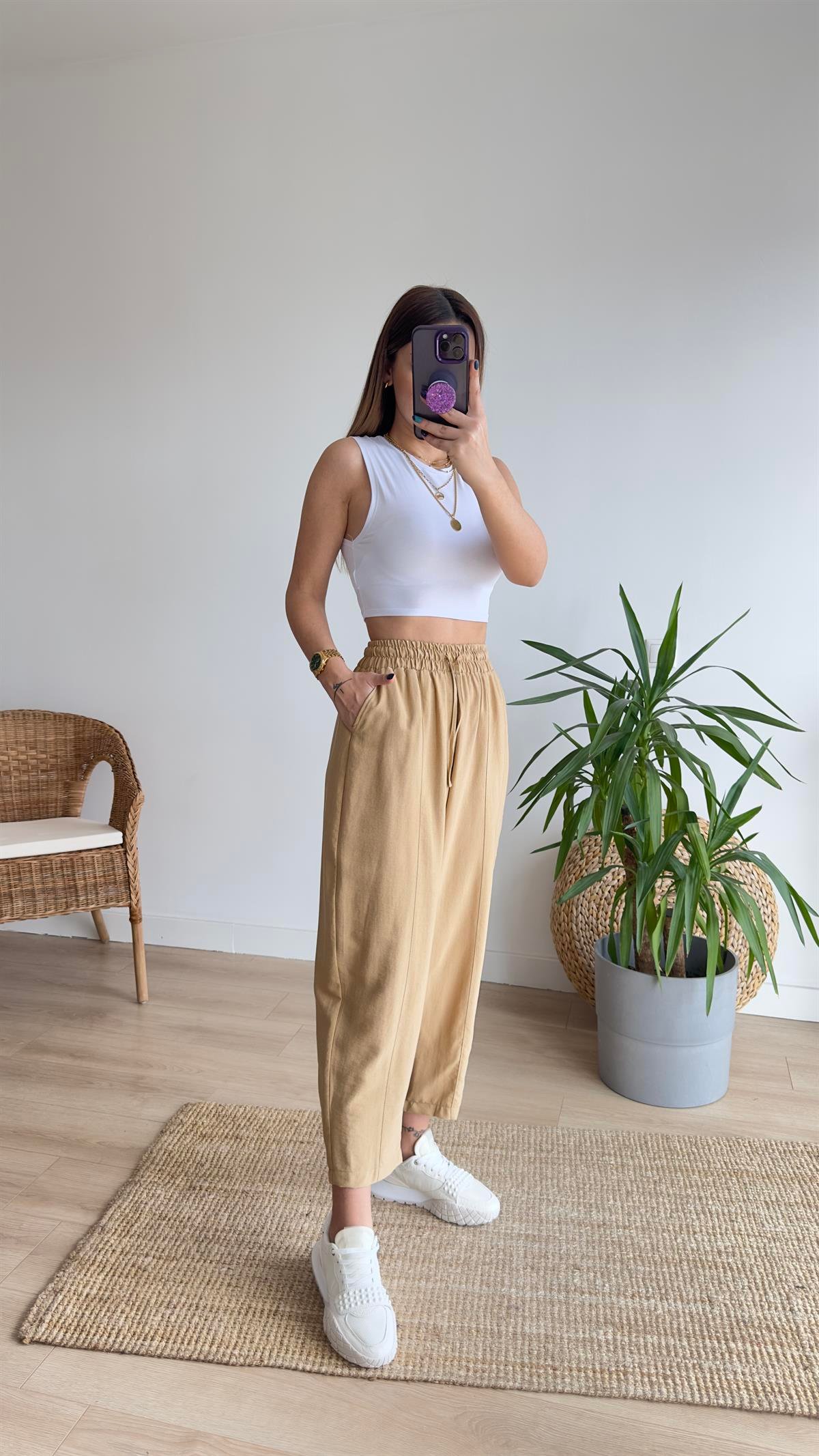 Beli Lastikli Camel Şalvar Pantolon