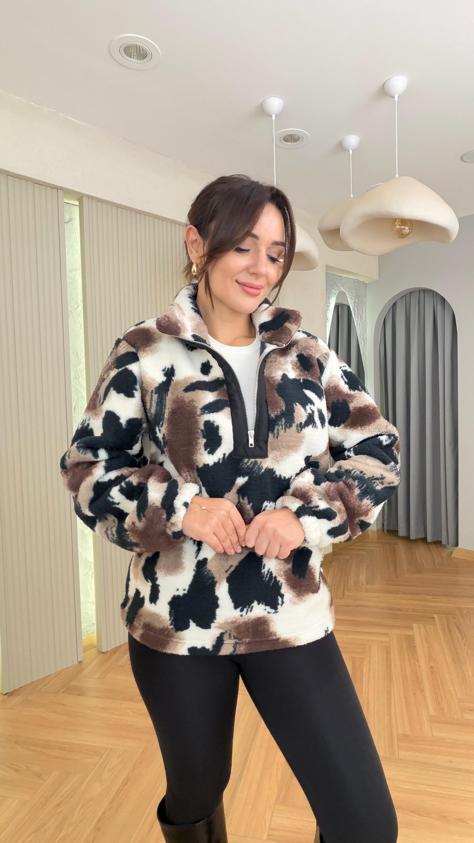 Tavia Yarım Fermuarlı Kahve Siyah Polar Sweat