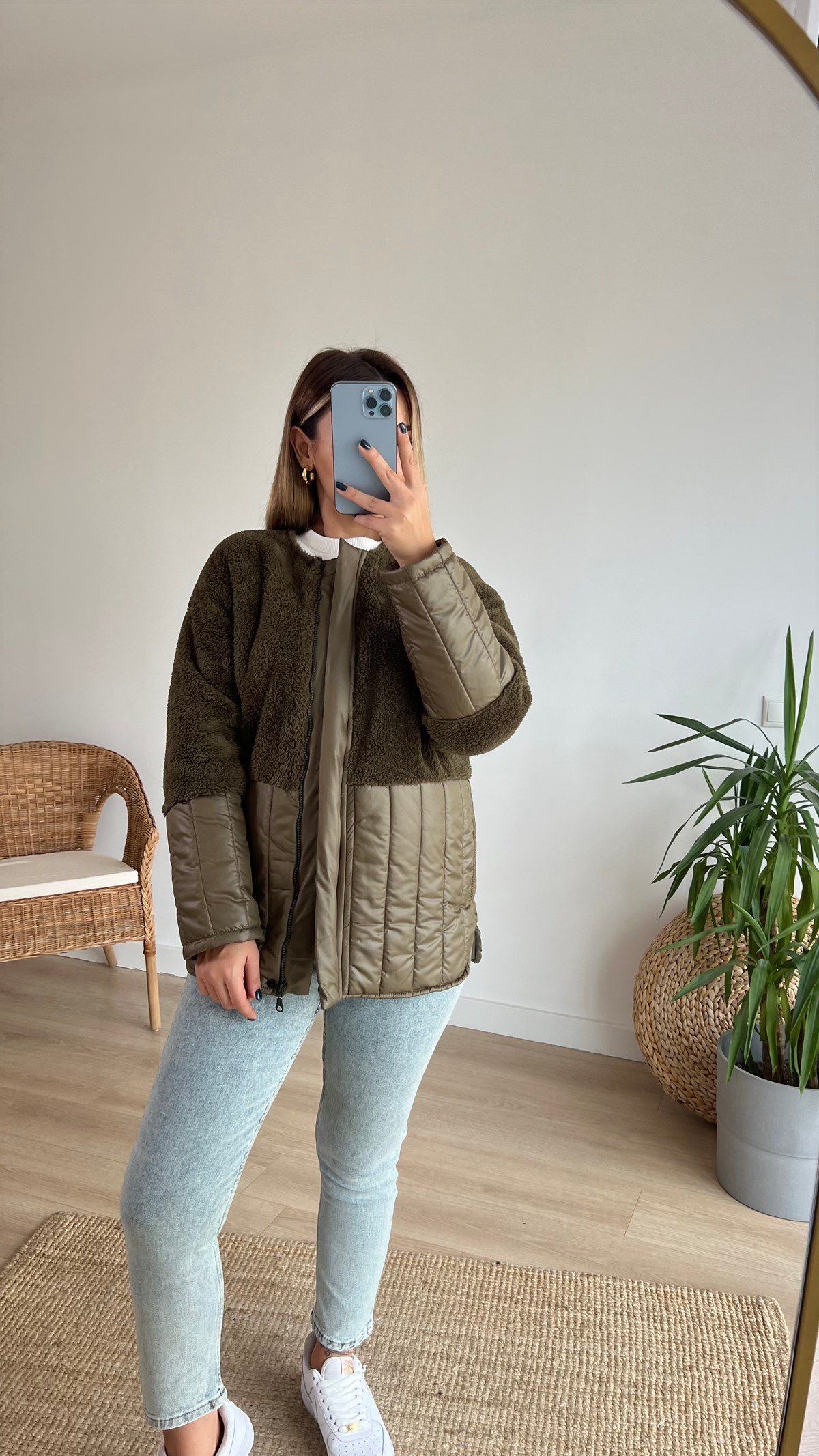 Kapitone Detaylı Haki Polar Mont