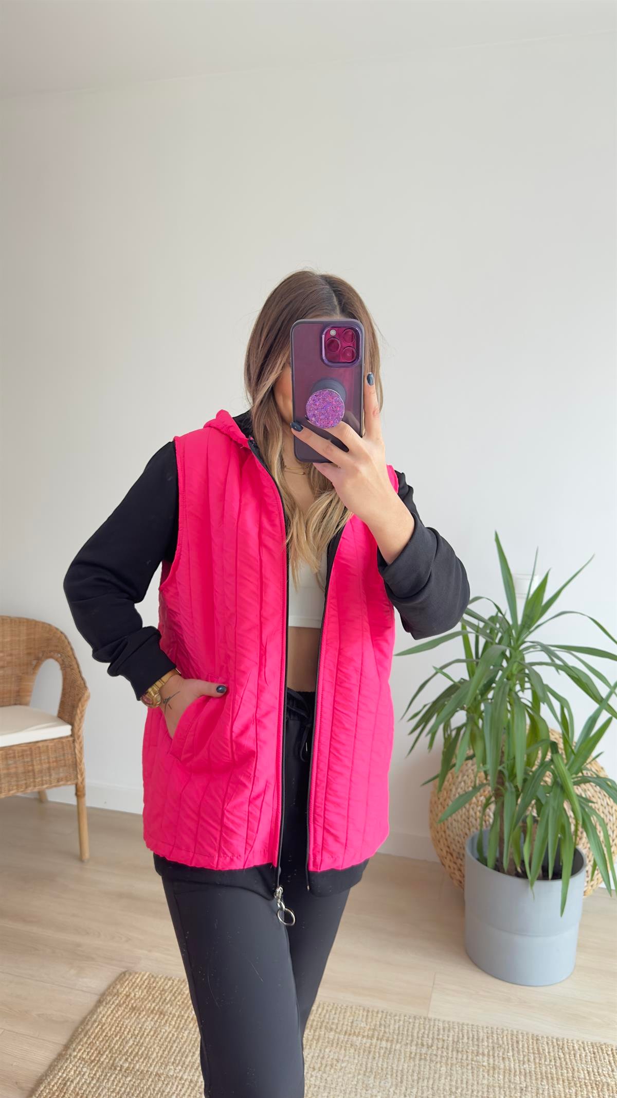 Penye Detaylı Pembe Kapitone Ceket