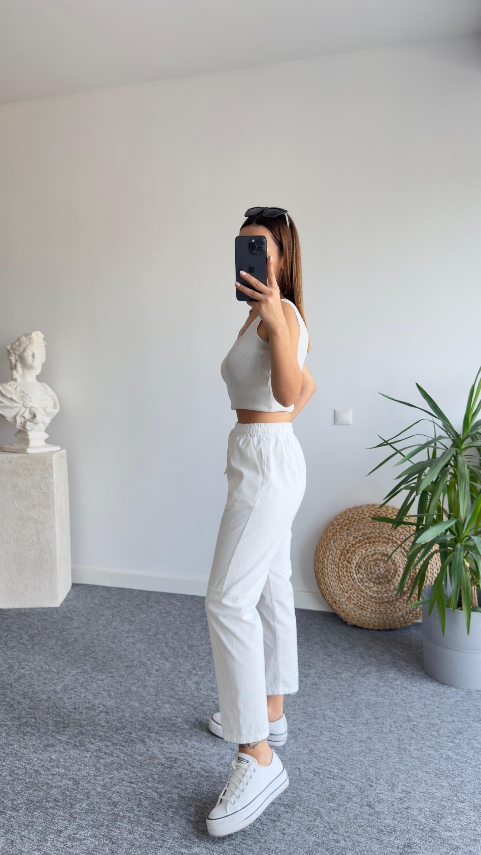 Gabardin Diz Dikişli Beyaz Pantolon