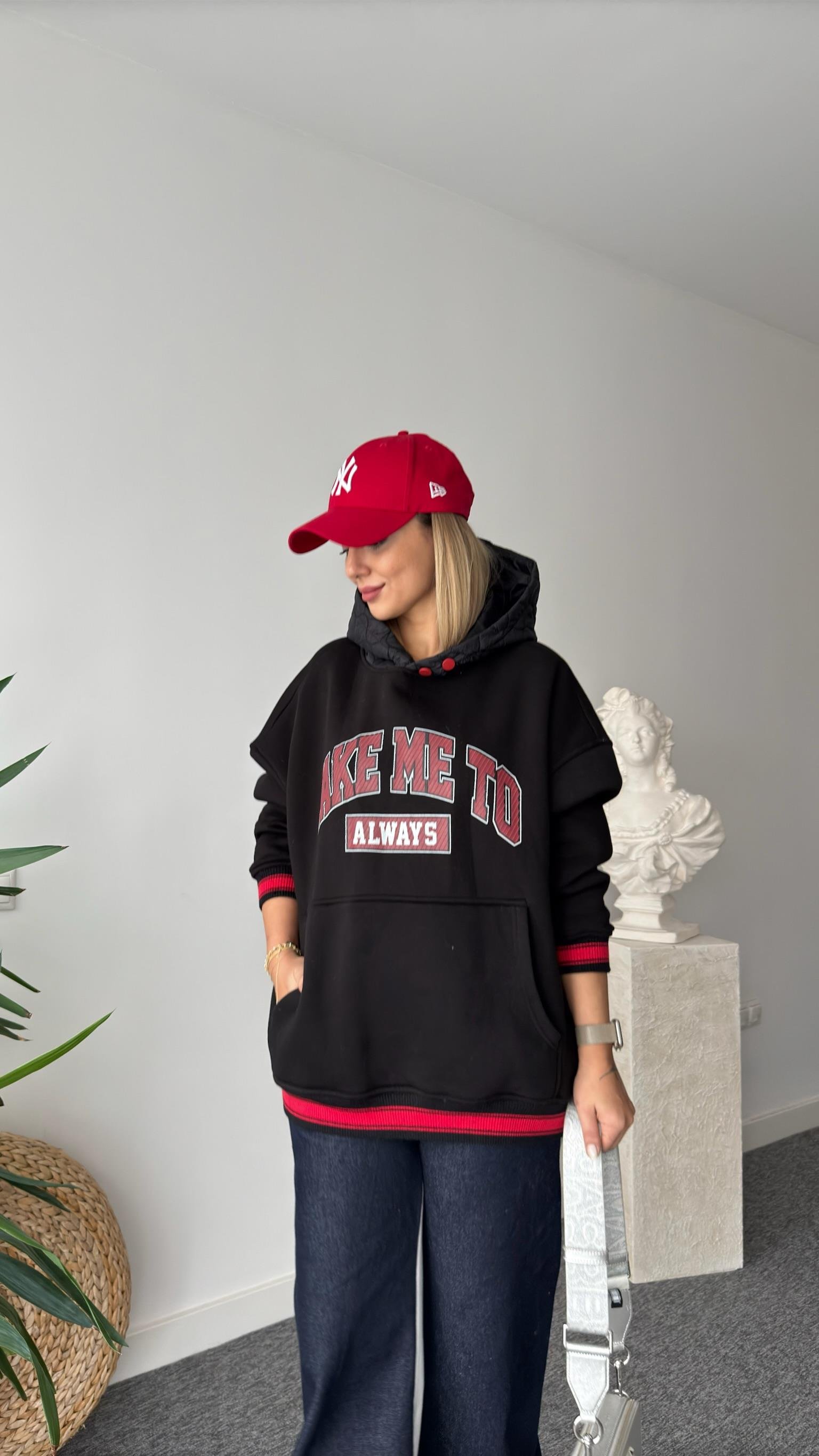 Eddy Yazılı Kapitone Kapüşonlu Siyah Sweatshirt