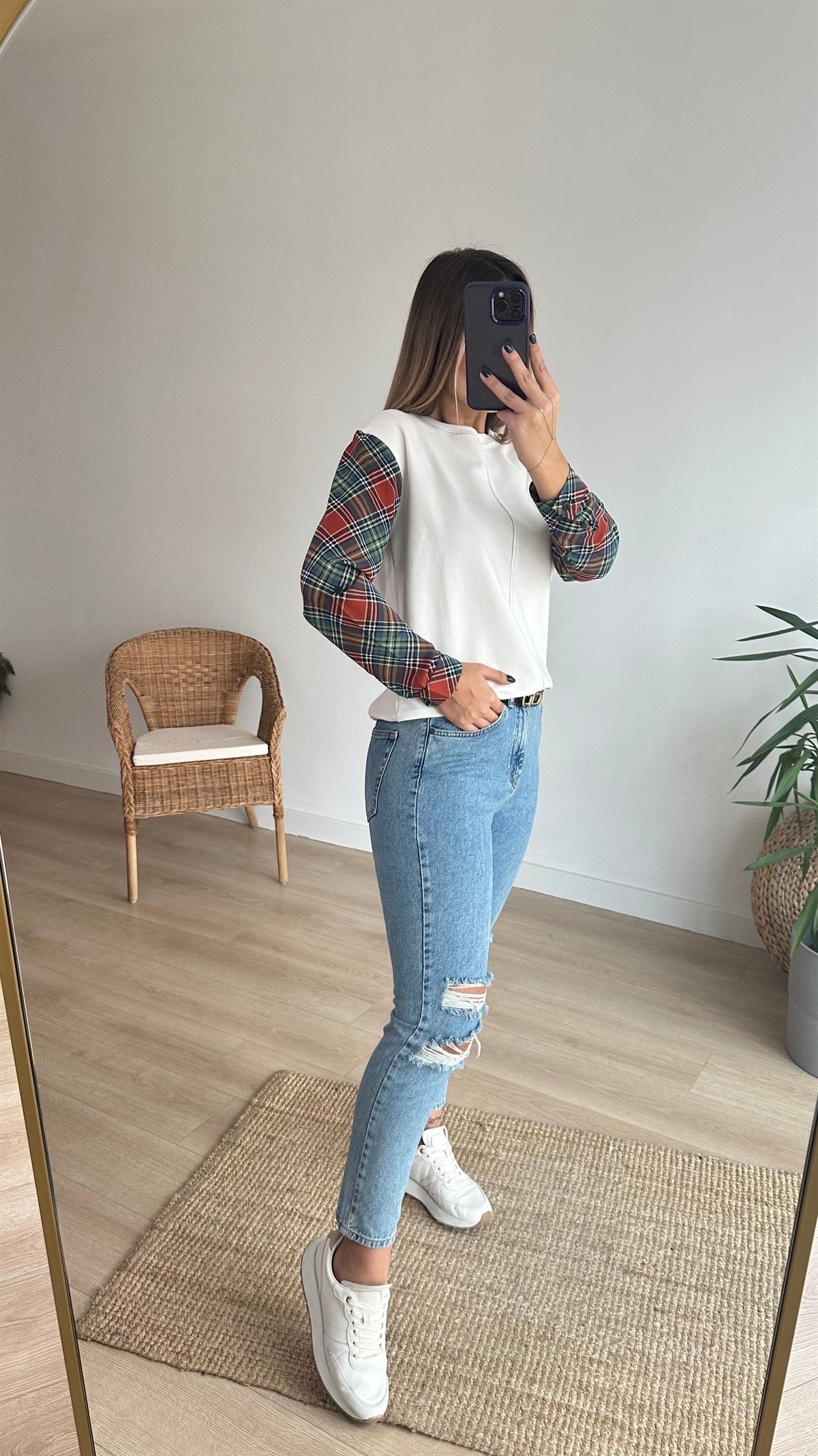 Kolları Ekose Desen Ekru Sweat