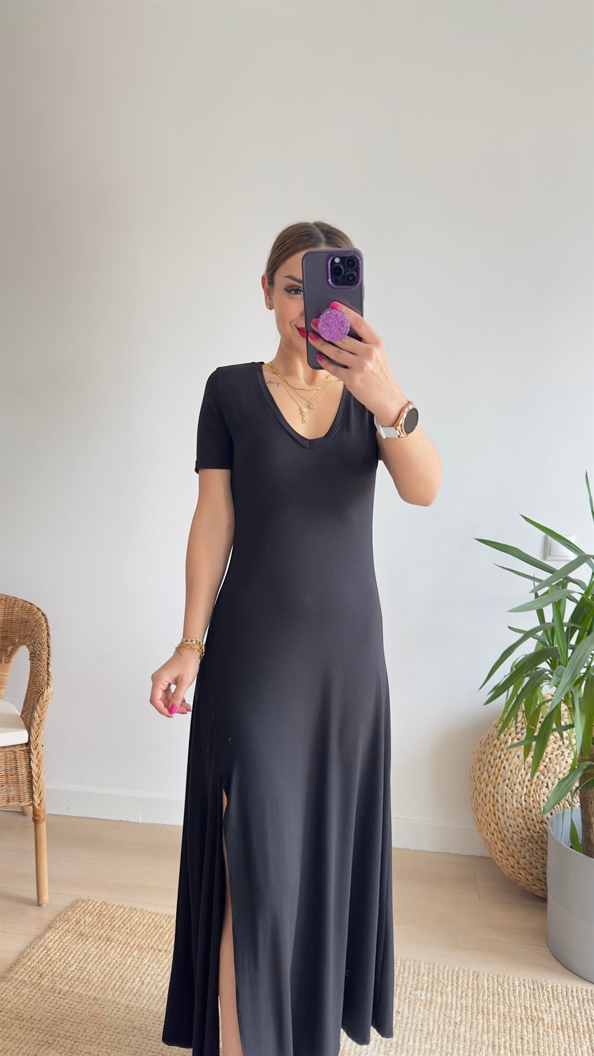 Vilinze Yırtmaçlı Siyah Basic Elbise
