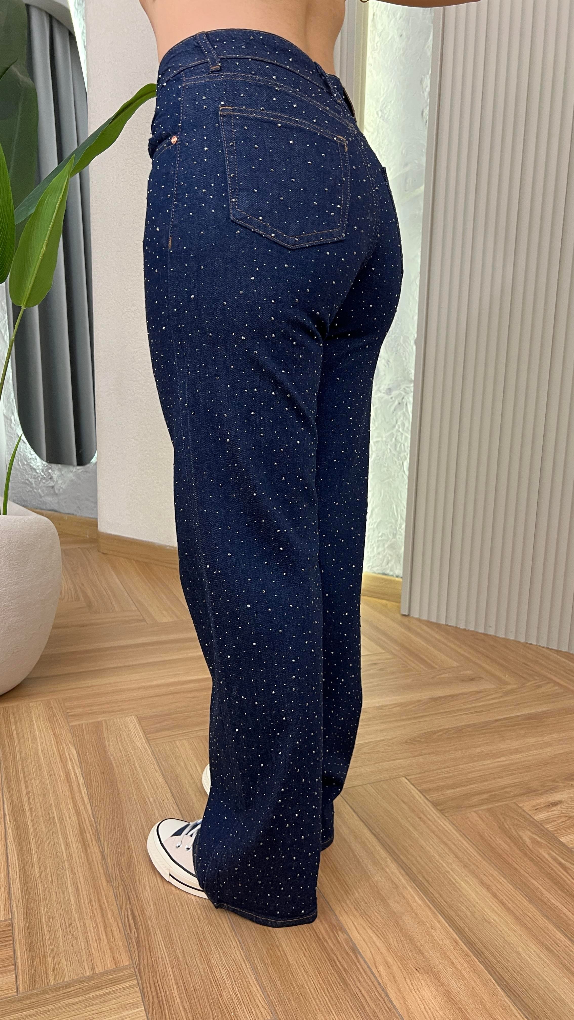 Lacivert Taş Detaylı Straight Likralı Jean