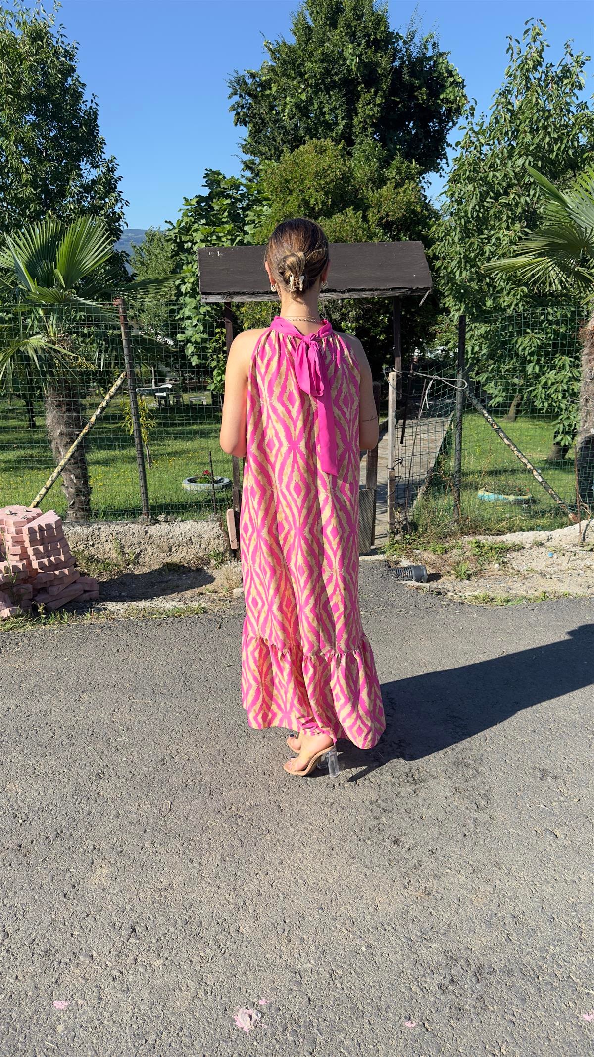 Hakim Yaka Zra Pembe Desenli Elbise