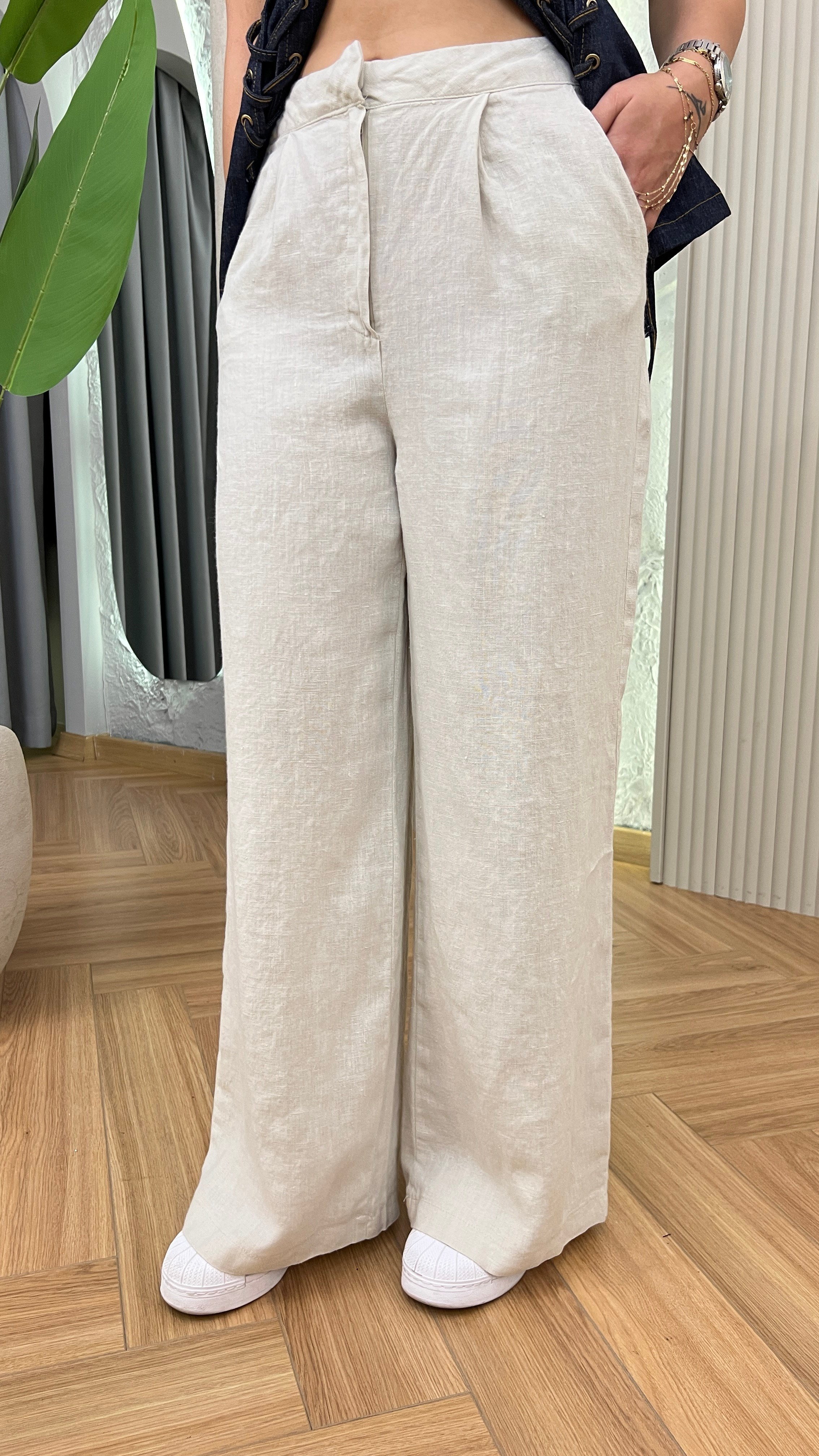 Bej Ham Keten Bol Paça Pantolon