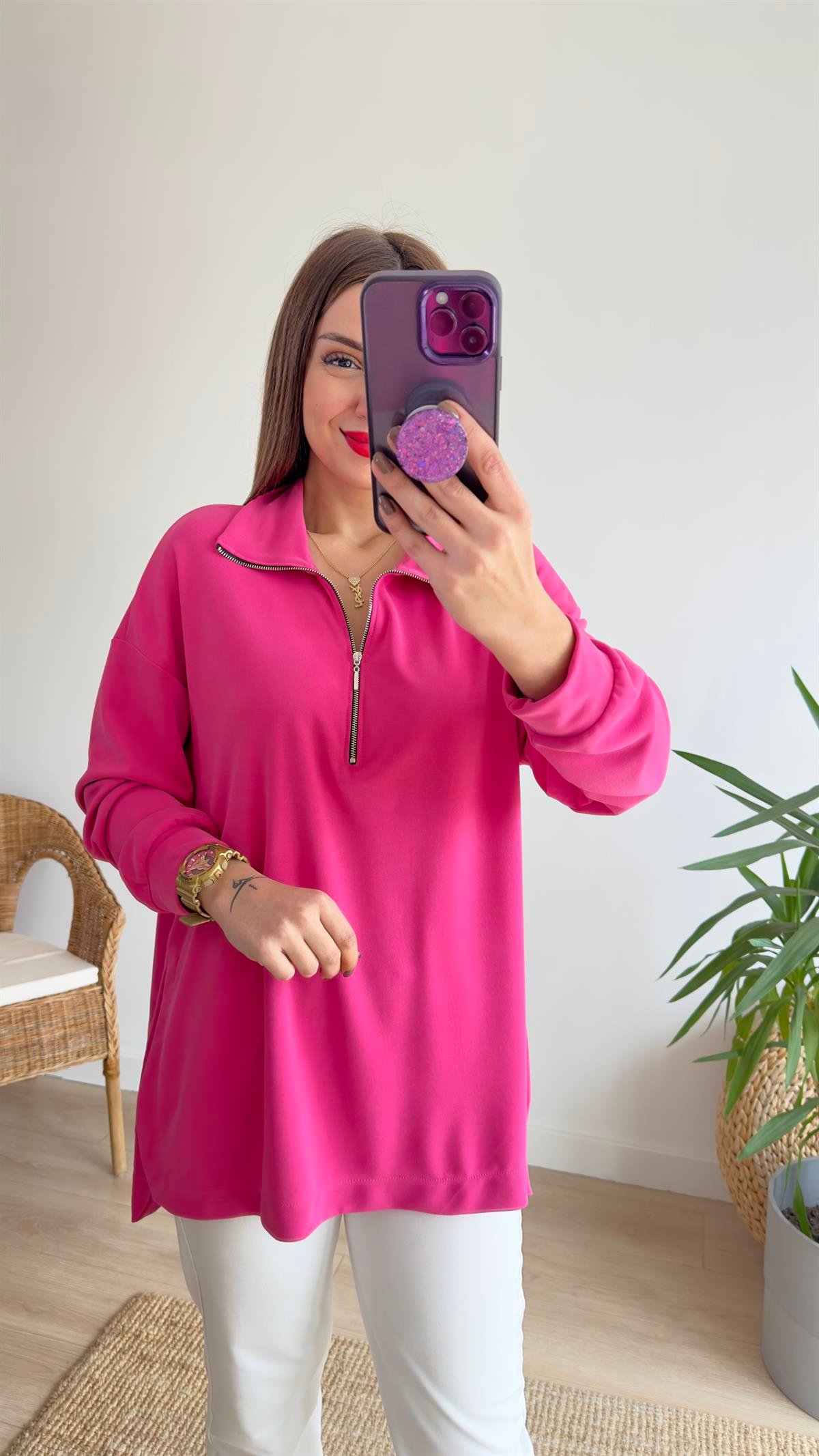 Fuşya Fermuarlı Mevsimlik Modal Sweat