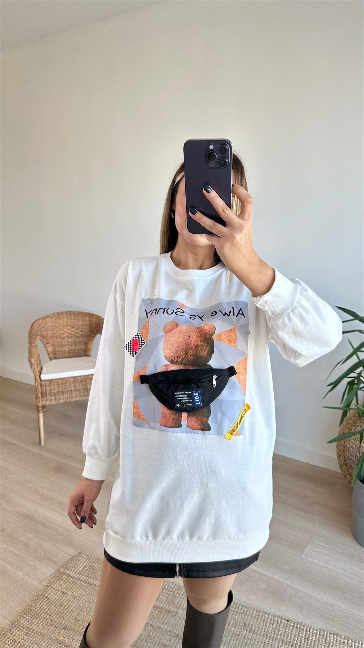 Aksesuarlı Ayıcık Baskı Sweatshirt