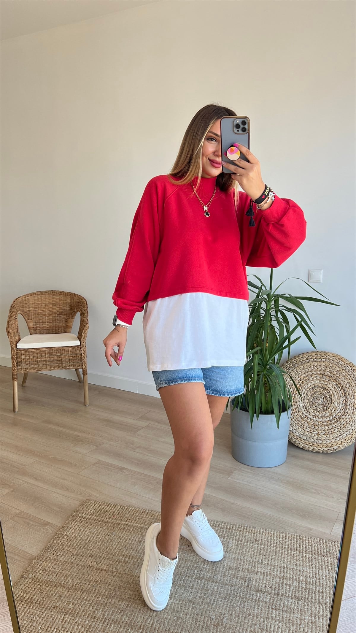 Balıkçı Yaka Tshirt Detaylı Kırmızı Sweat