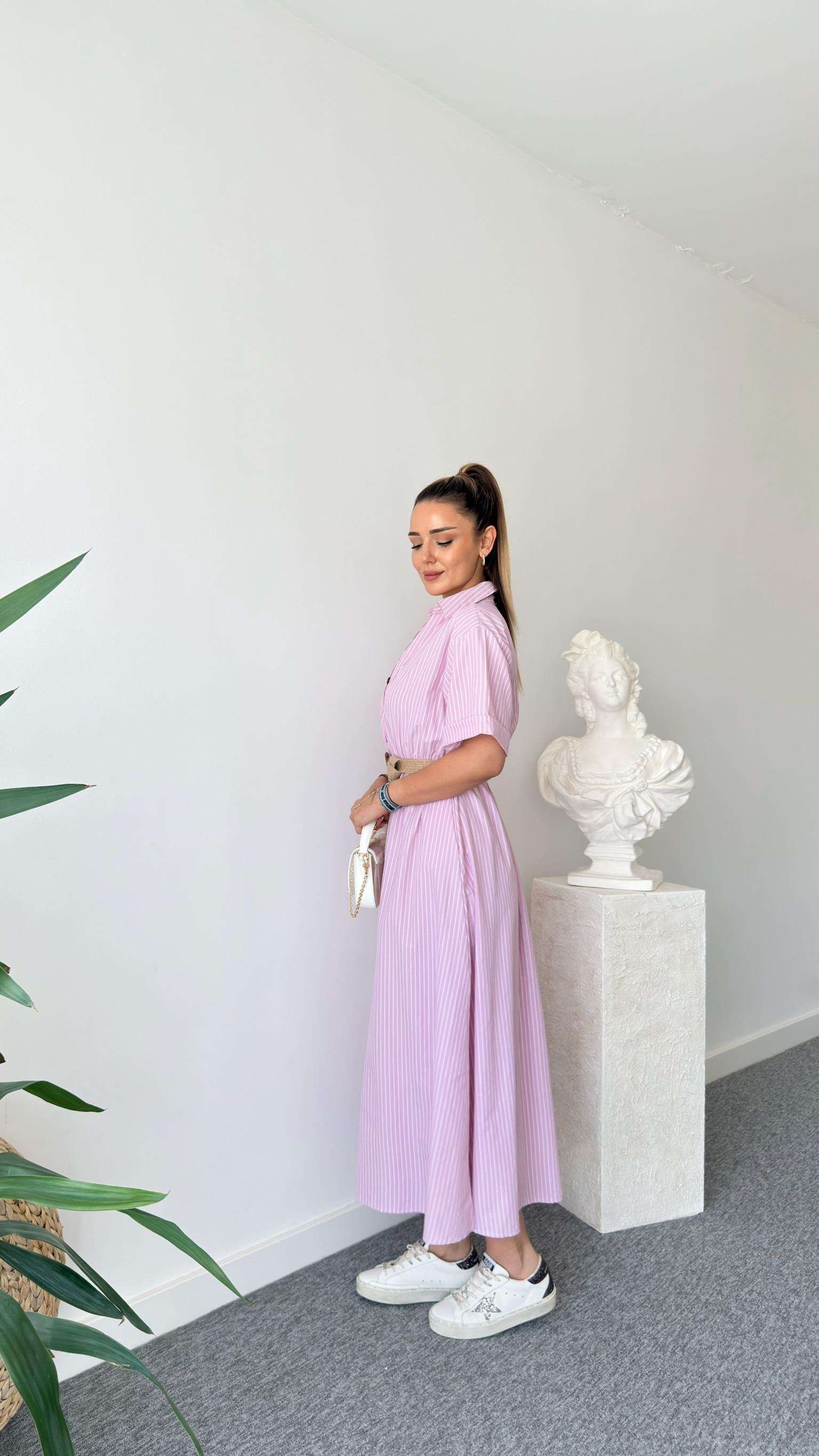Hasır Kemerli Çizgili Pembe Gömlek Elbise