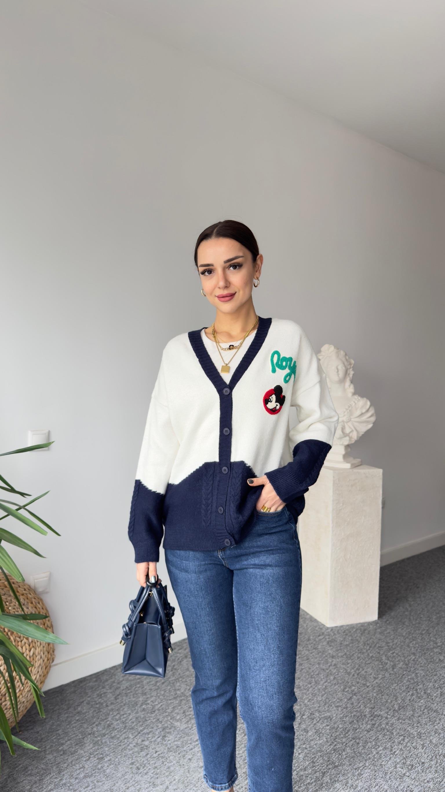 Mickey İşlemeli Çift Renk Hırka