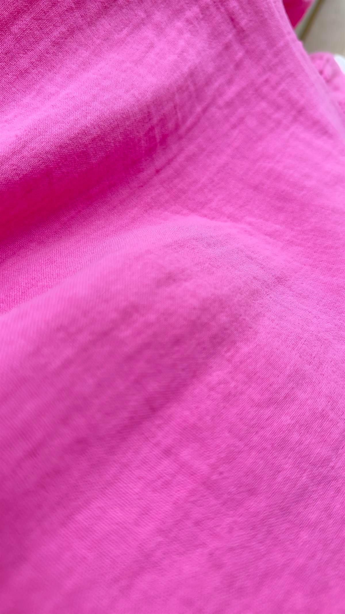 Eteği Fırfırlı Pembe Keten Elbise 