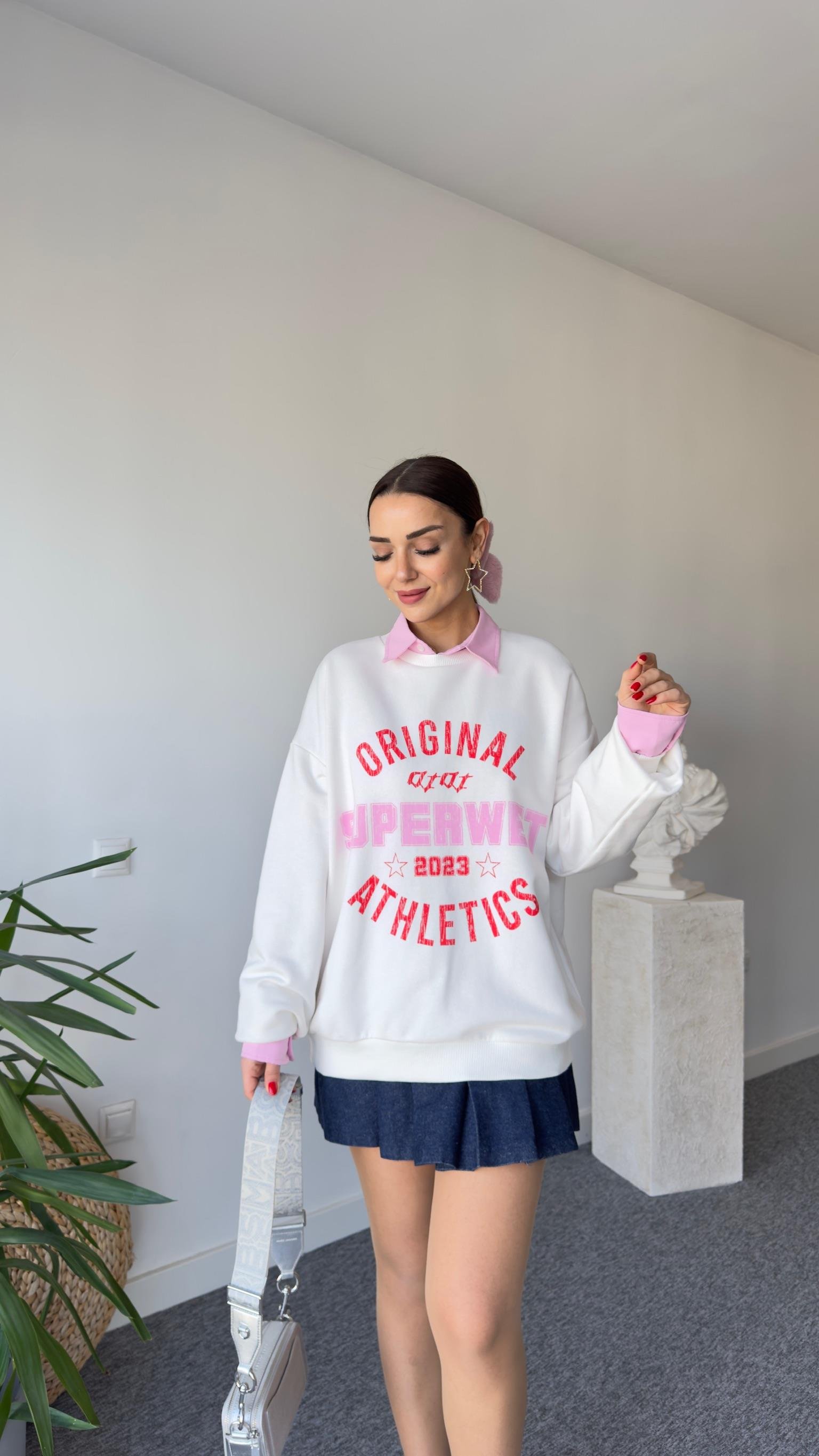 Pembe Superwet Baskı Sweatshirt
