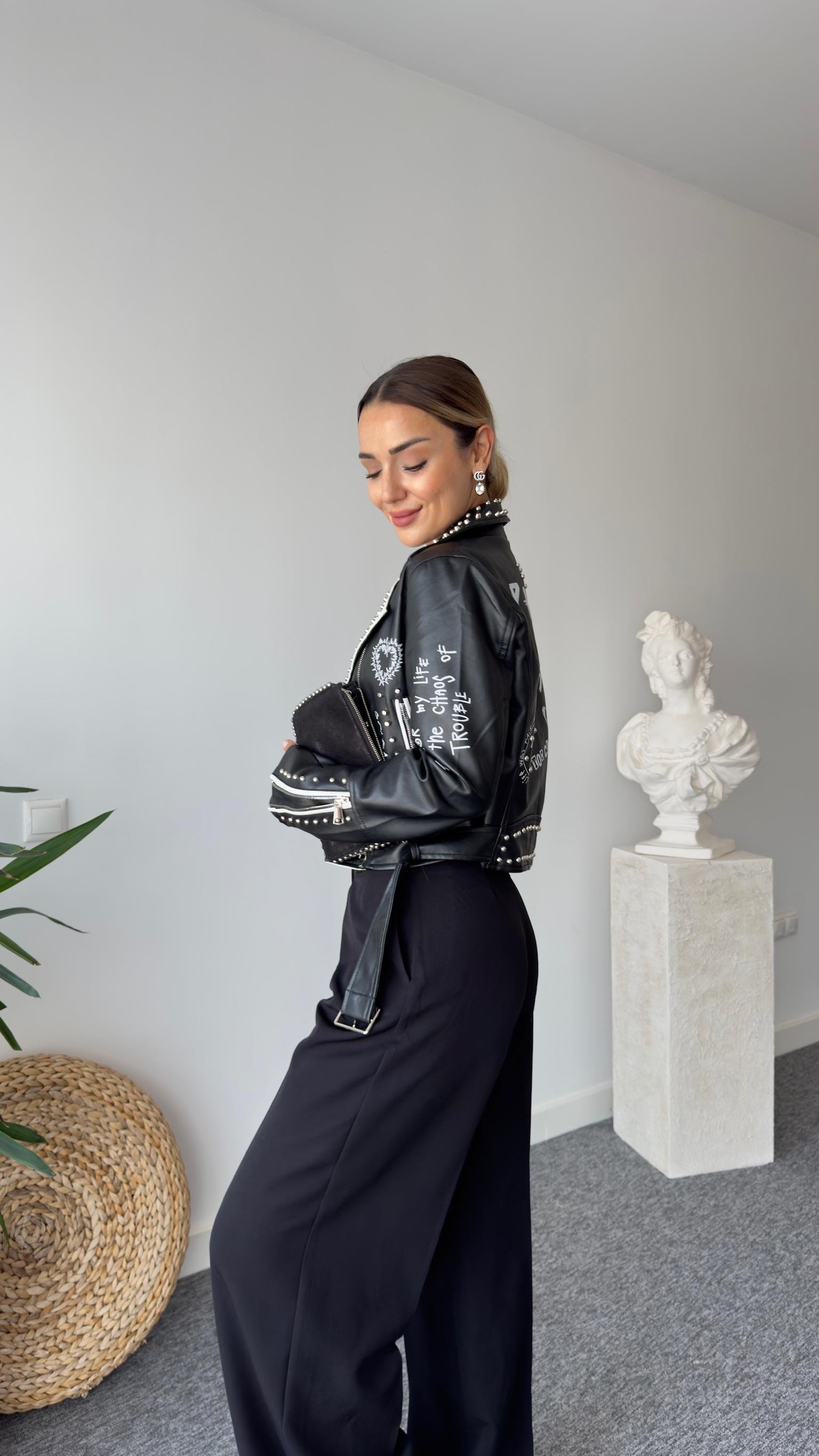 İthal Zımba Ve Yazı Detaylı Deri Ceket