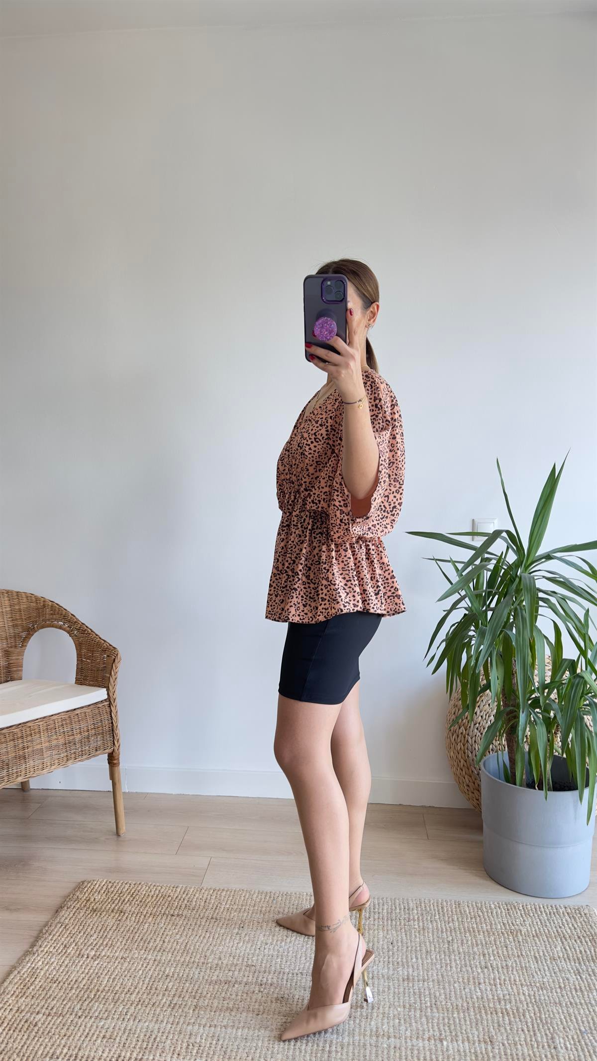 Yarasa Kol Bel Büzgülü Leopar Bluz