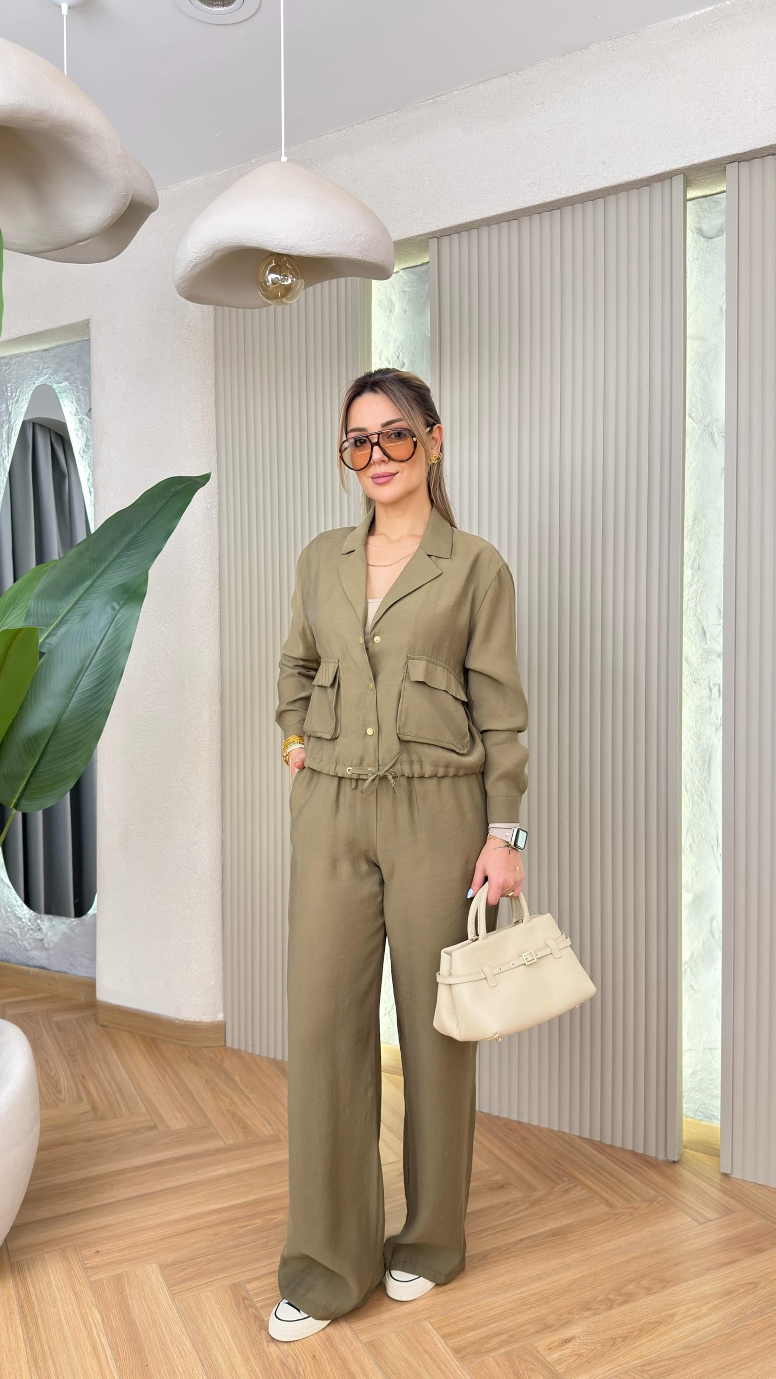 Yeşil Liora Cepli Bluz Pantolon Takım