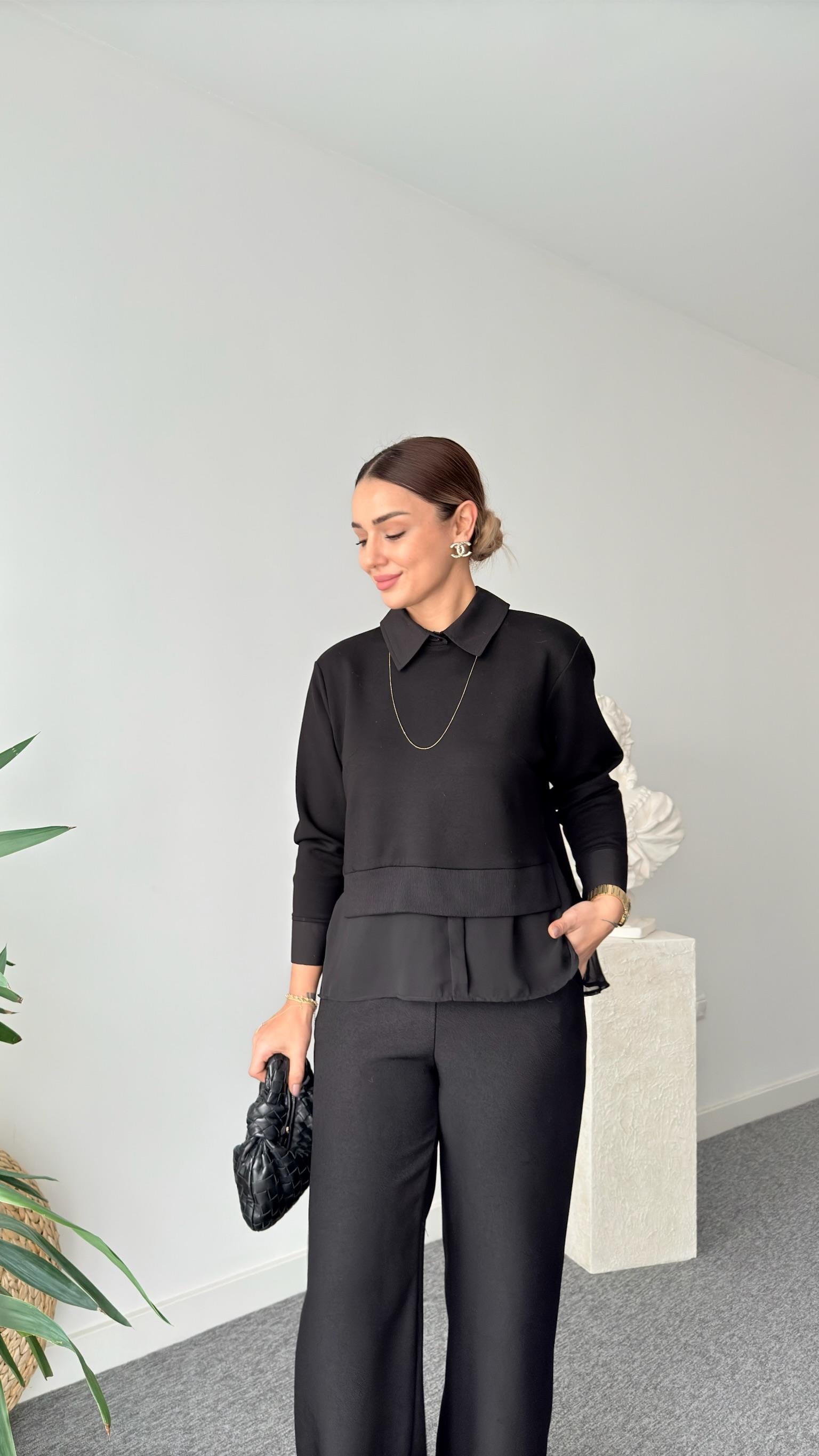 Şifon Gömlek Detaylı Siyah Modal Sweat