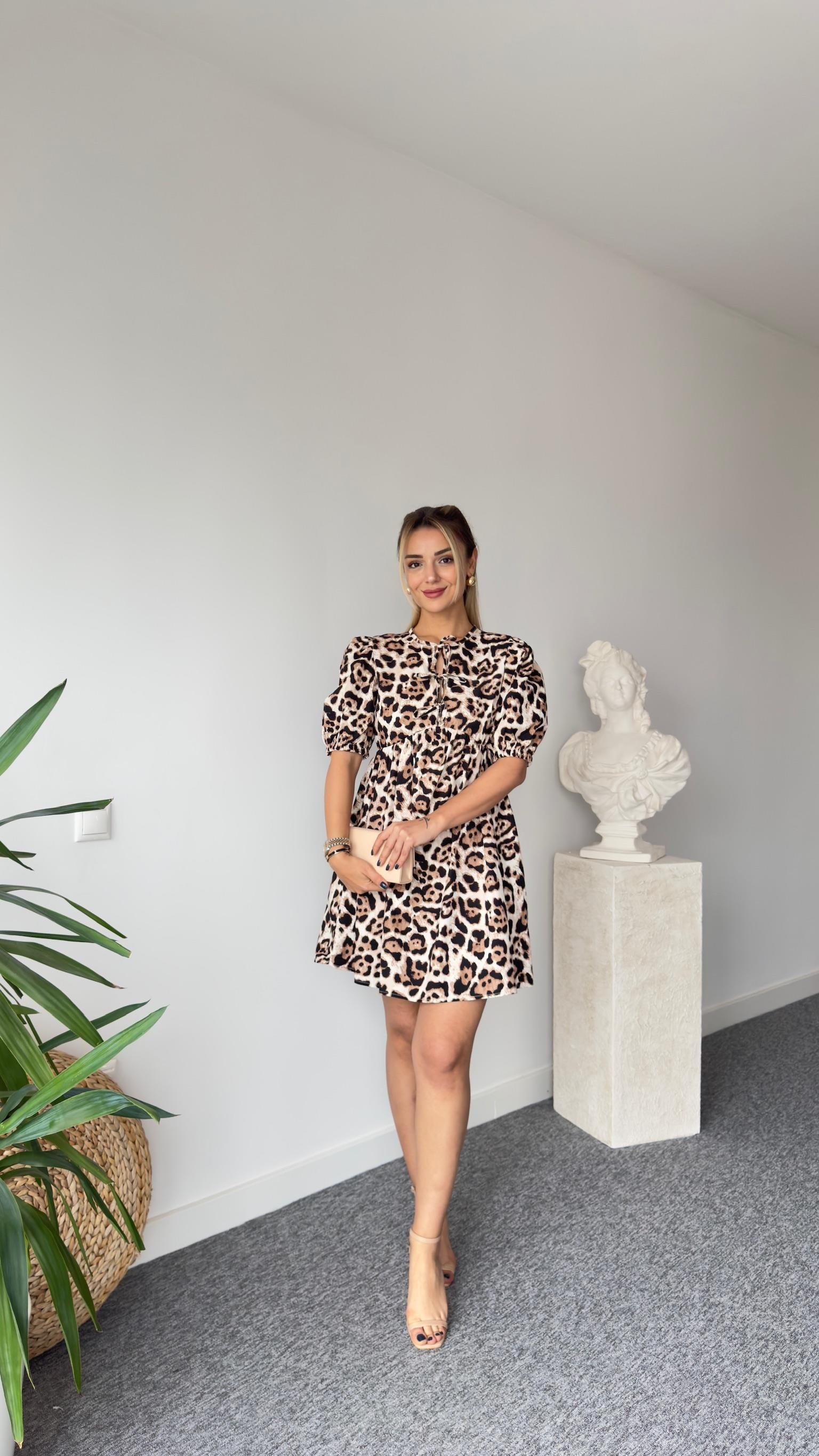 Balon Kol Önü Bağlamalı Leopar Desen Elbise