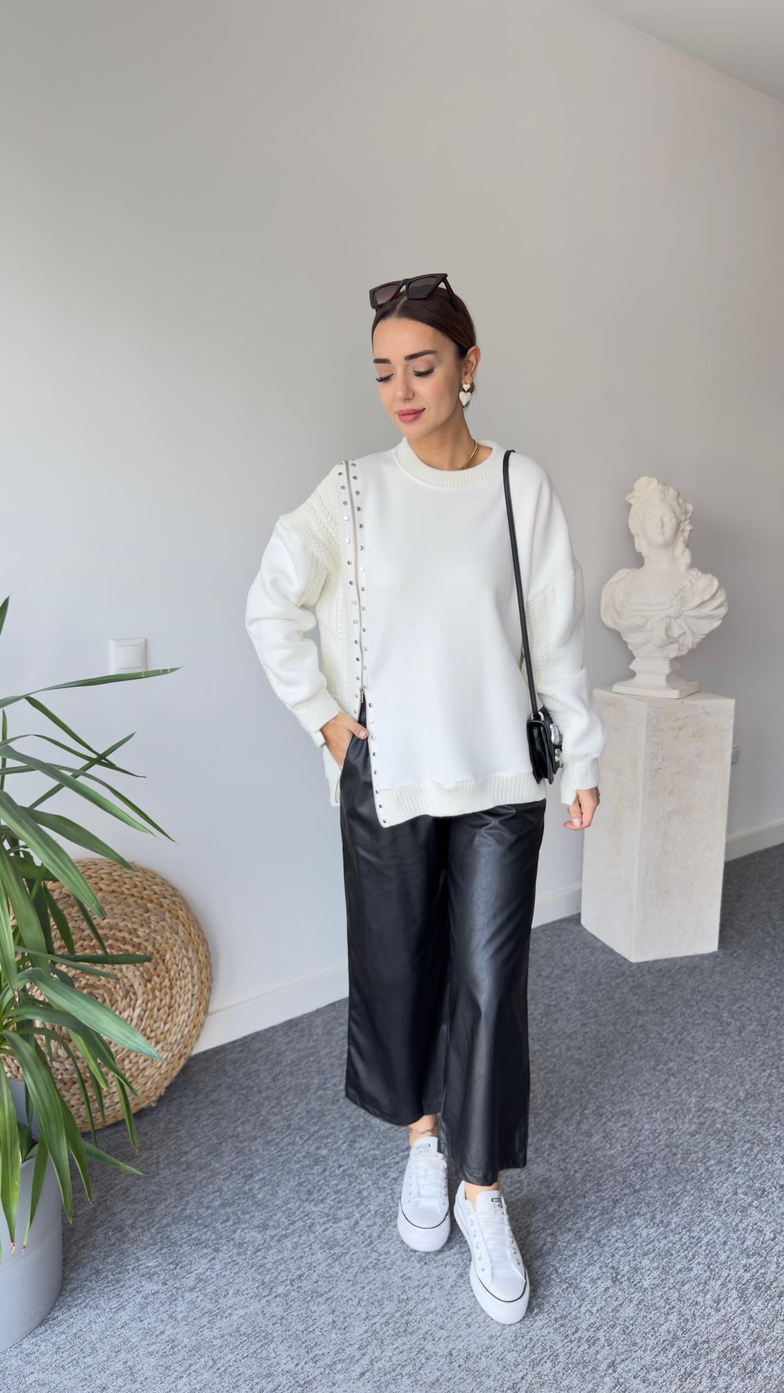 Fermuarlı Taş Detay Orj Model Ekru Tasarım Sweat 