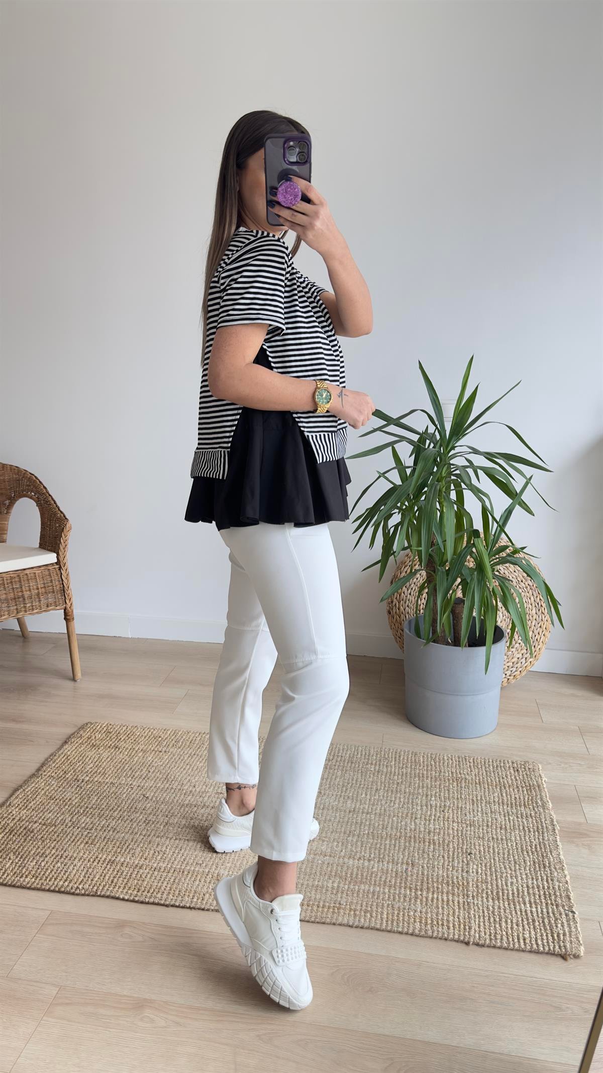 Çizgili Siyah Poplin Detaylı Tshirt