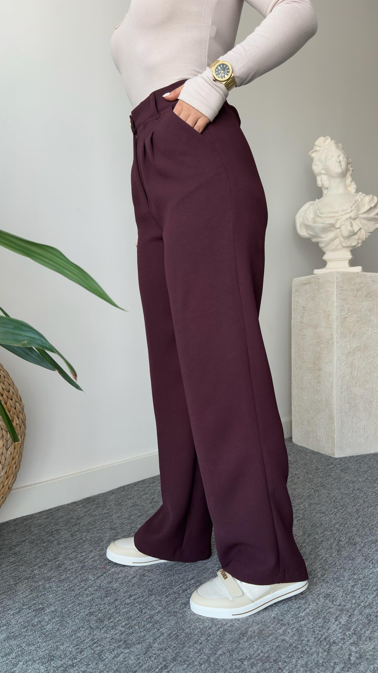 Bordo Gold Düğme Bel Lastikli Pantolon