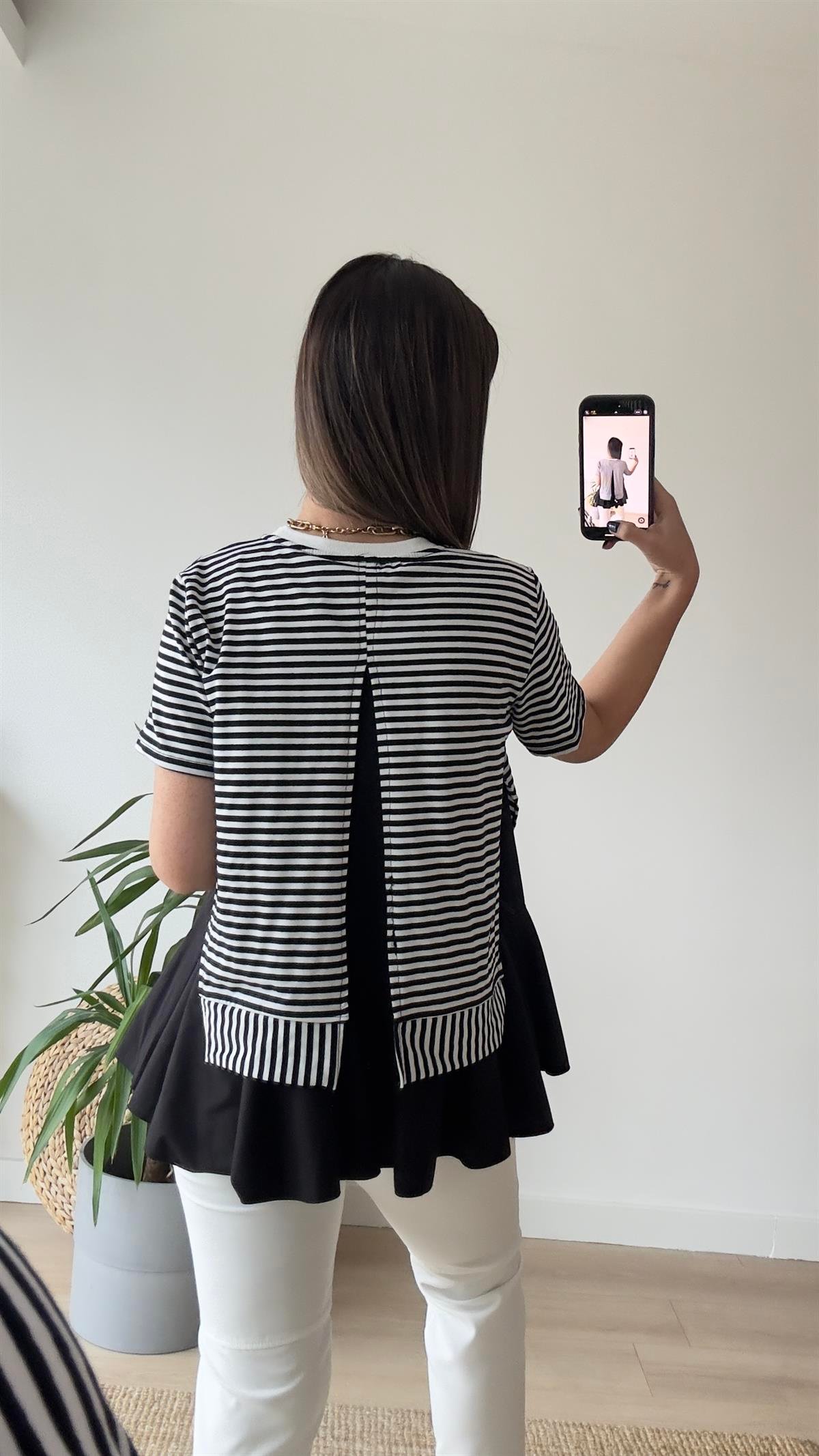 Çizgili Siyah Poplin Detaylı Tshirt