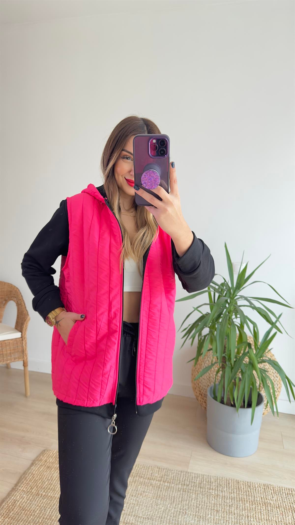 Penye Detaylı Pembe Kapitone Ceket