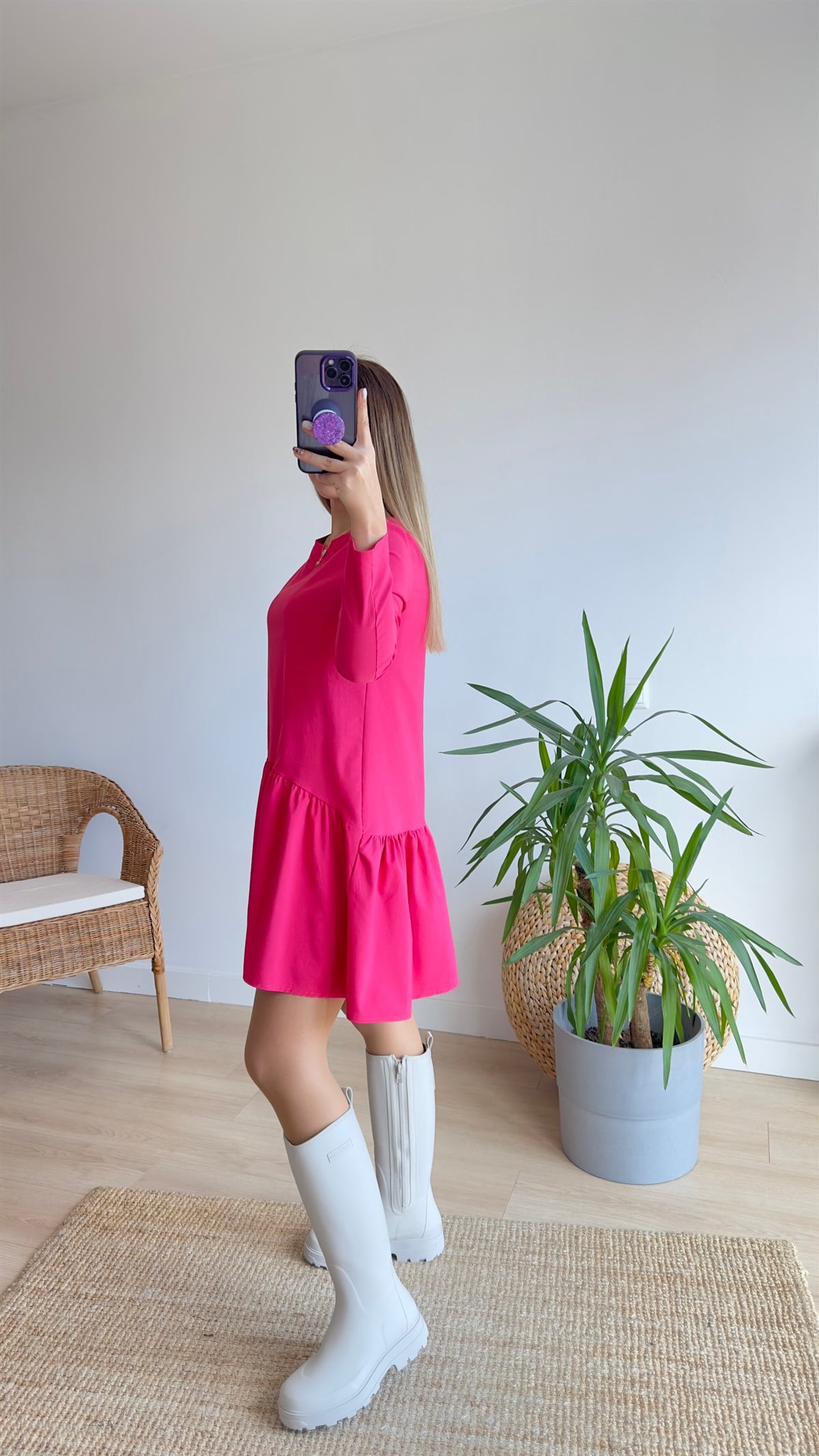 Orijinal Marka Uzun Kol Pembe Basic Elbise 